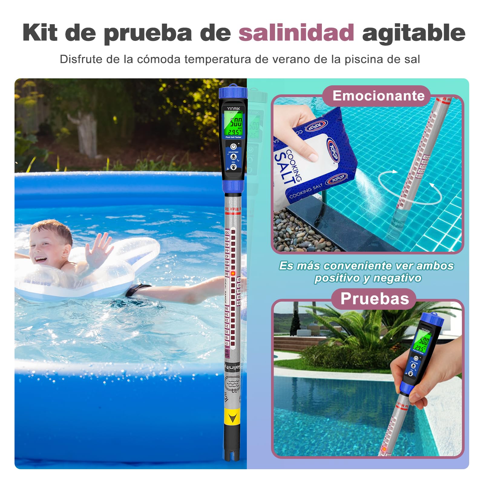 YINMIK Piscinas Medidor de Sal, Probador de Salinidad y Term Metro, Medidor de Salinidad Digital para Piscina SPA, Adecuado para Piscinas, Peces de Agua Dulce
