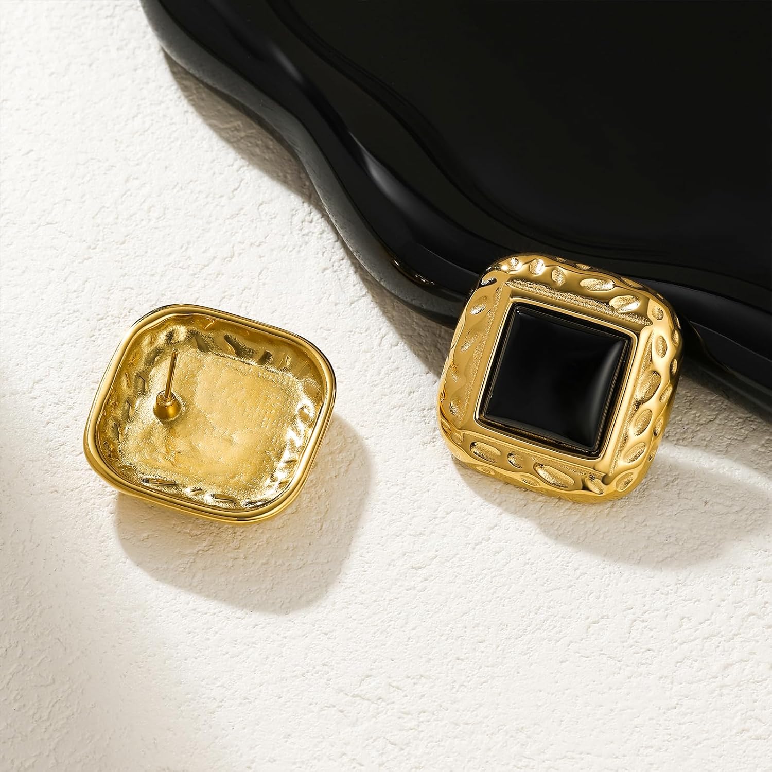 Chunky Gold Earrings Vintage Square Earrings Women Black and Gold Statement Earrings 18K Gold Stud Non Tarnish Stainless Steel - Image 6