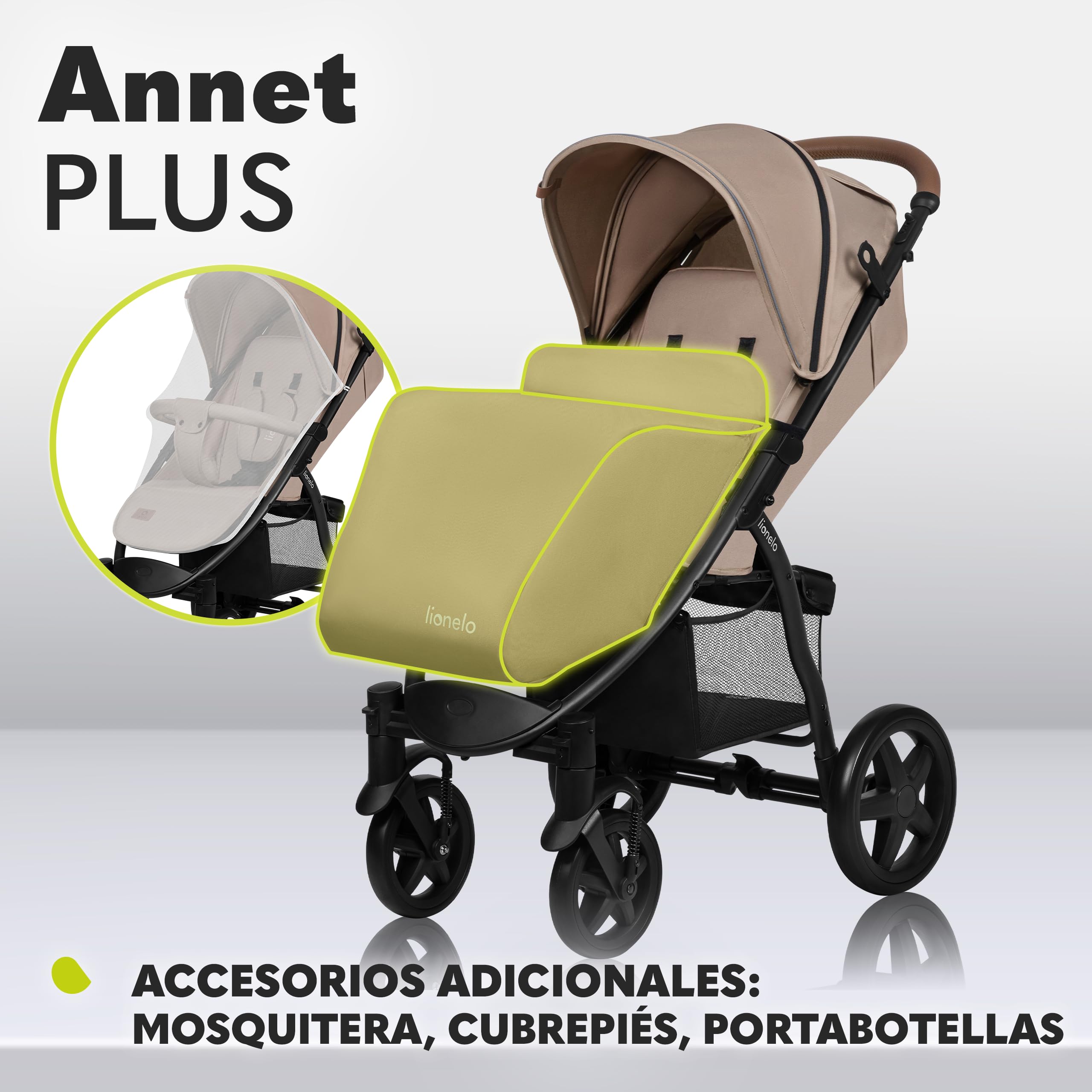 LIONELO Annet Silla de Pase Para niños hasta 22 kg 0-48M ajuste del respaldo hasta posición horizontal Capucha XXL Plegable fácil con ventana Mosquitera (Beige)