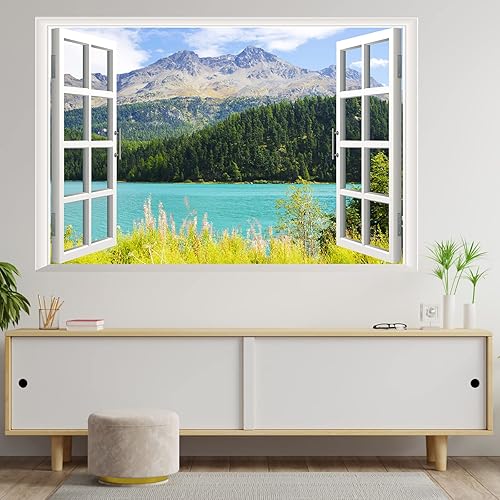 Miniatura 4 de Calcomanías de pared de bosque de montaña natural lago y lago 3D con vista al lago decoración de póster mural calcomanías de pared para sala de