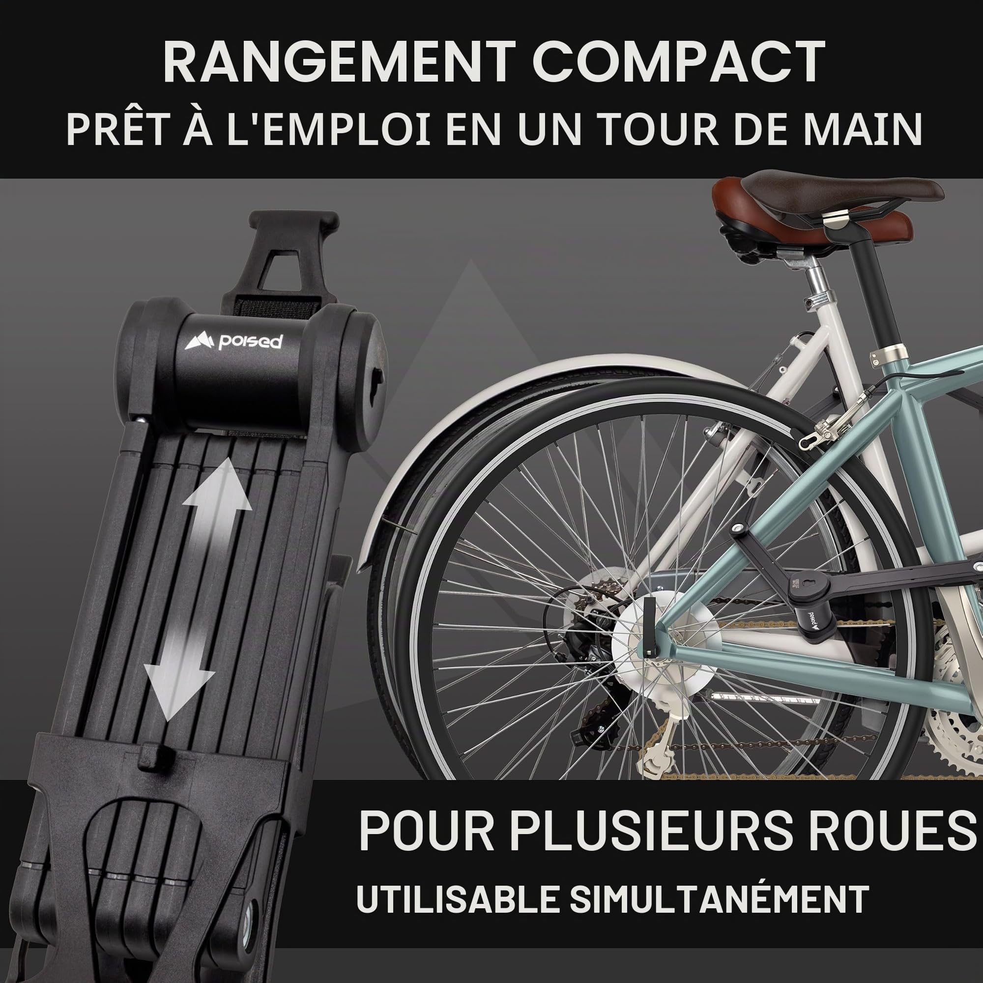 Poised Antivol Pliable pour Vélo 120 cm avec Certification ART 2 & Support – Antivol de Vélo de Haute Sécurité en Acier Trempé, Antivol pour E-Bike & Vélo