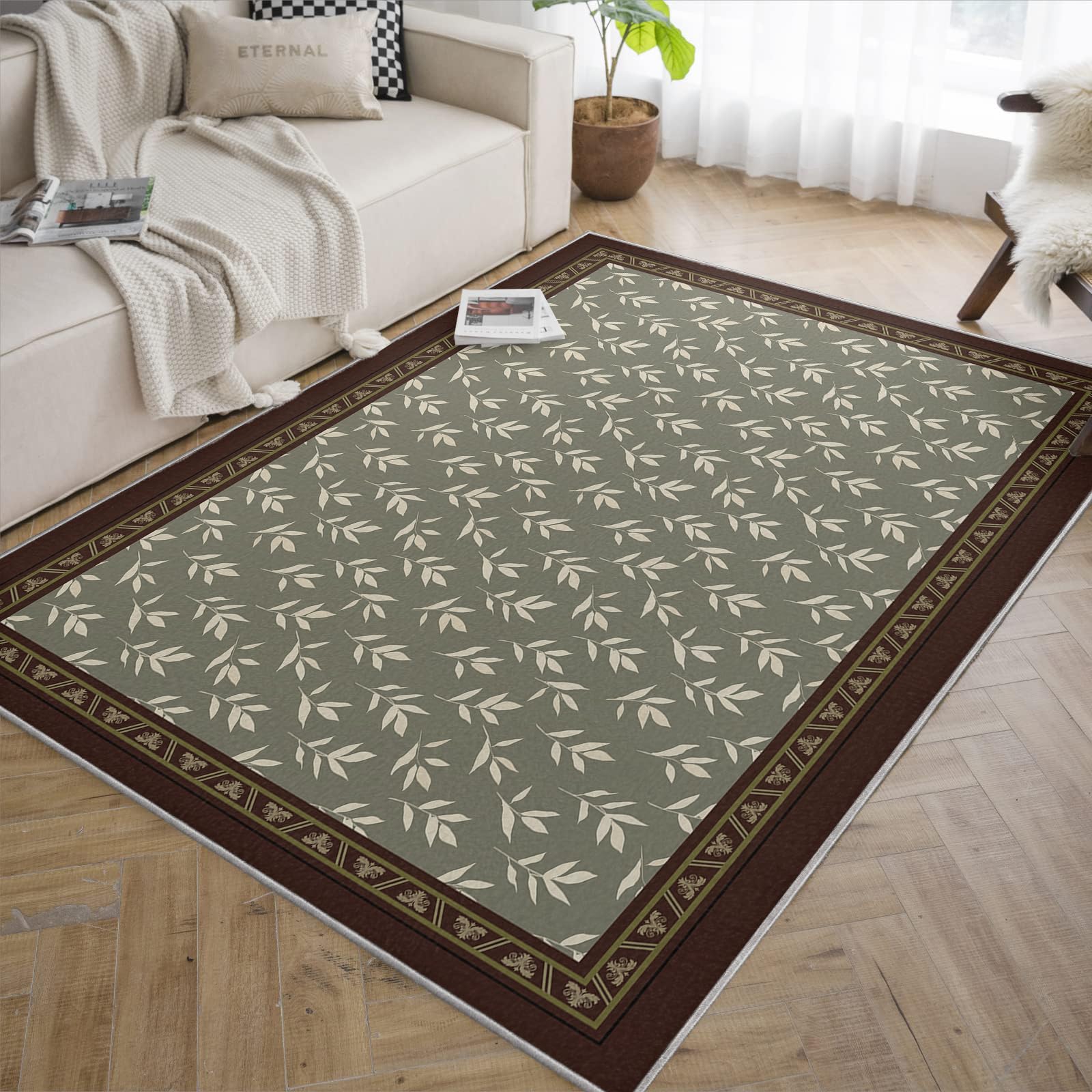Dywan do salonu, zielony, liść, 240 x 340 cm, vintage, las, zmywalny, do jadalni, sypialni, niskie runo, antypoślizgowy, retro, wewnątrz, boho, nadruk dywan