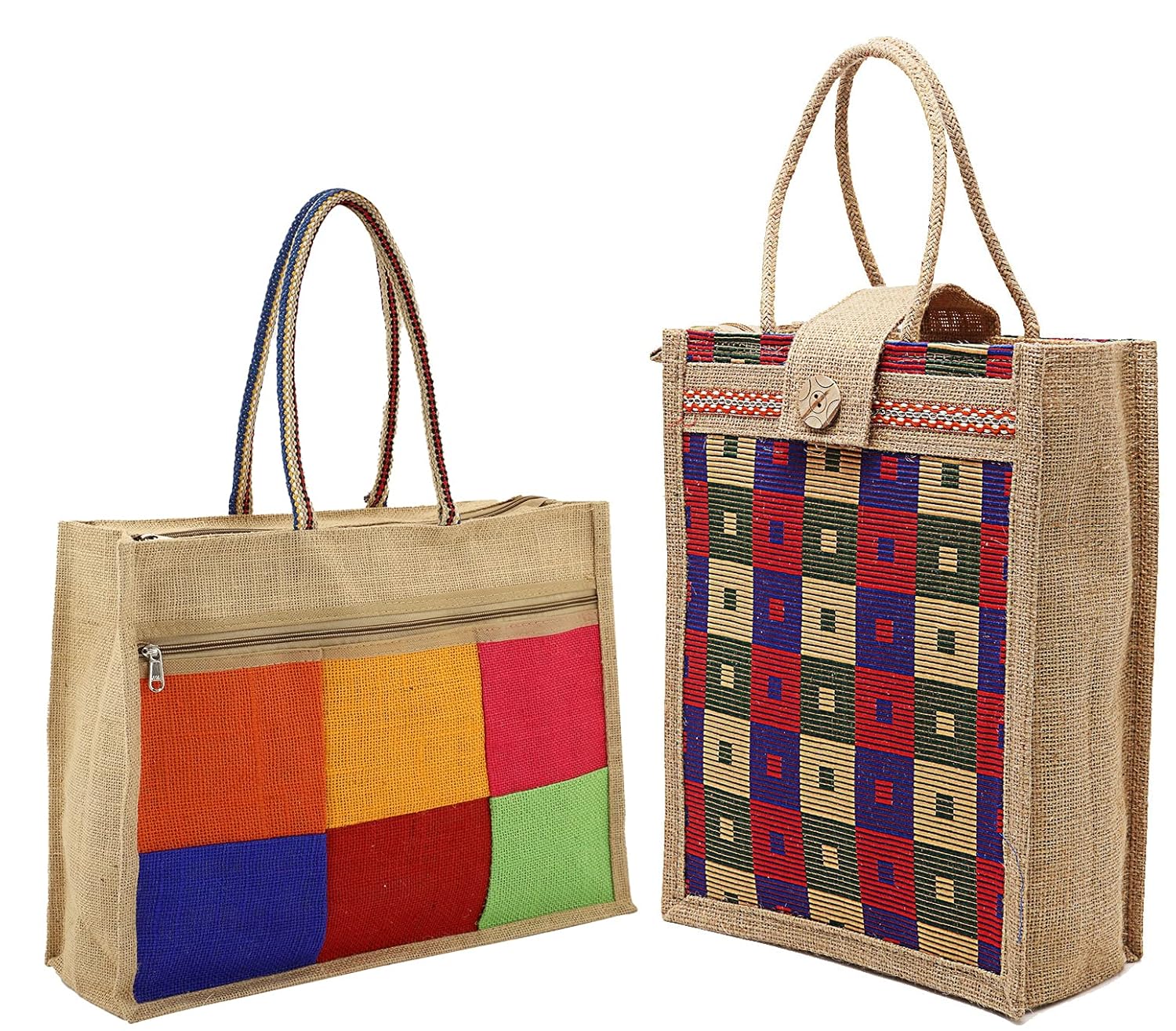 ASIAN Unisex-Adult Eco-Friendly Combo Jute Bag-Reusable Tiffin/Shopping/Grocery Multipurpose Shoulder Tote Hand Bag With Zip & Handle-Grid+Chk (Pack Of 2)