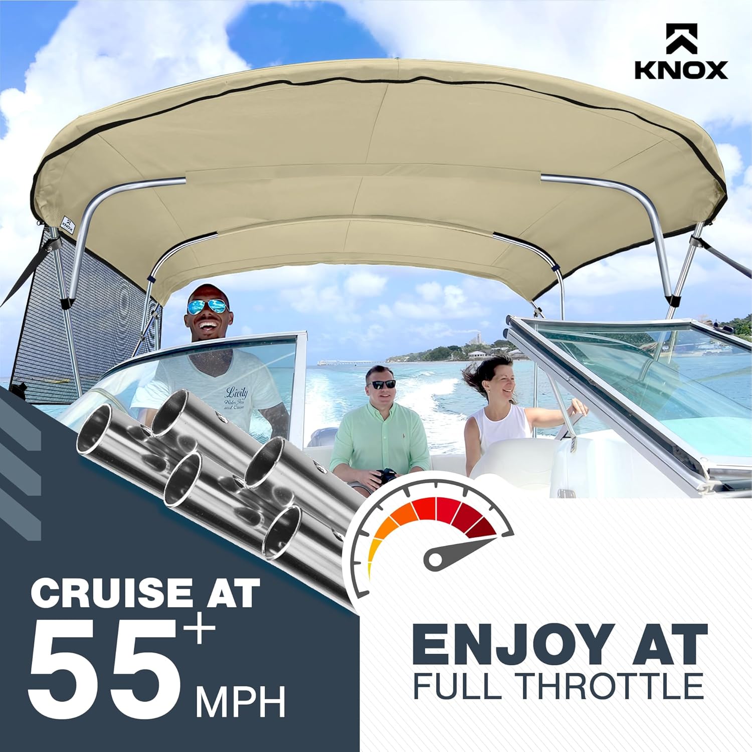 Universal 4 Bow Bimini Tops for Boats with Detachable Mesh Sidewalls, 900D Marine Canvas, Sun Shade Boat Canopy Kit, Bimini Top Hardware, Frame, Support Poles, Storage Boot, 61-66" W, Sand