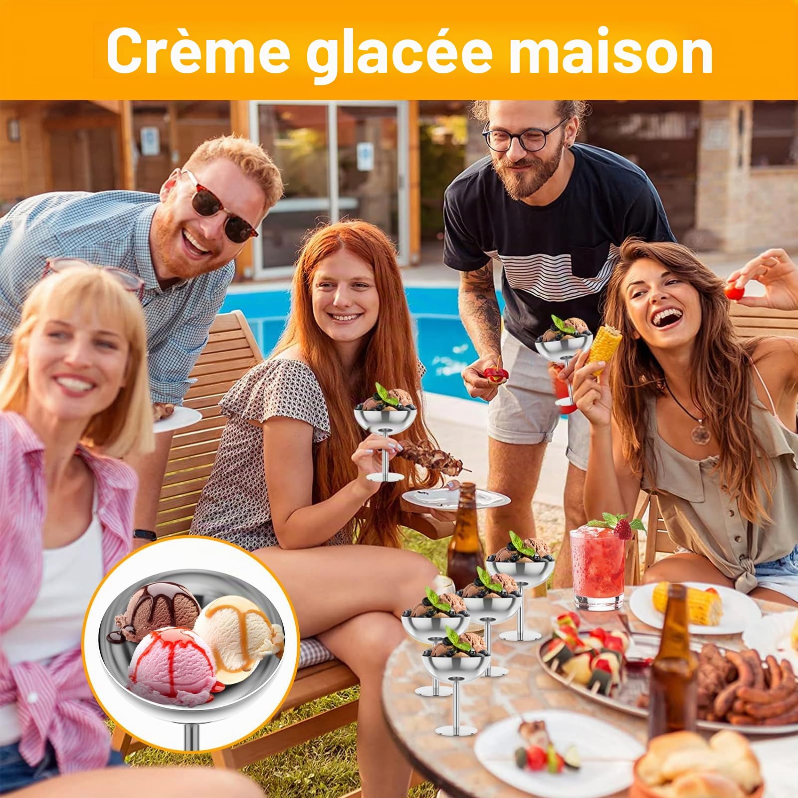8x coupes a glace en inox avec pied – 200 ml – pour réceptions | Coupelle dessert élégantes pour glace, pudding, fruits et salade – bols polyvalents, passant au lave-vaisselle et incassables