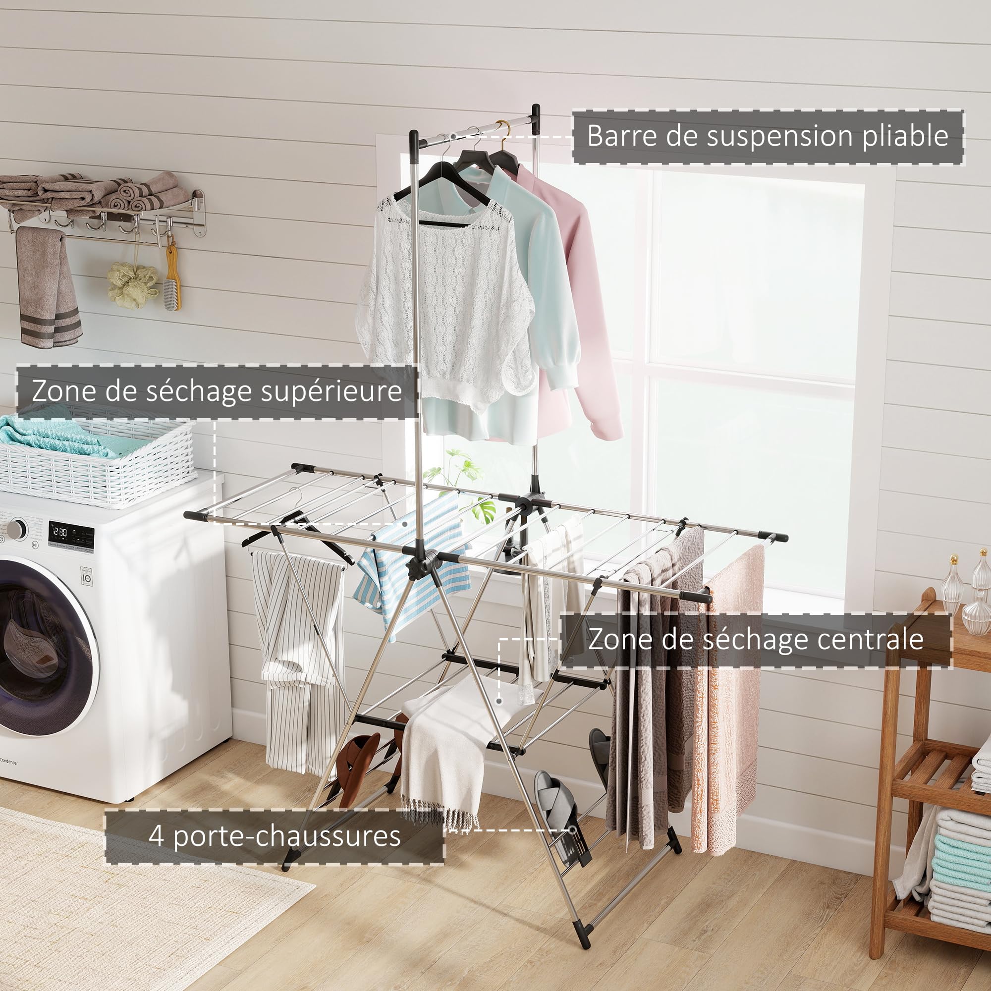 HOMCOM Séchoir à Linge Étendoir Pliable Ailes Réglables Argenté