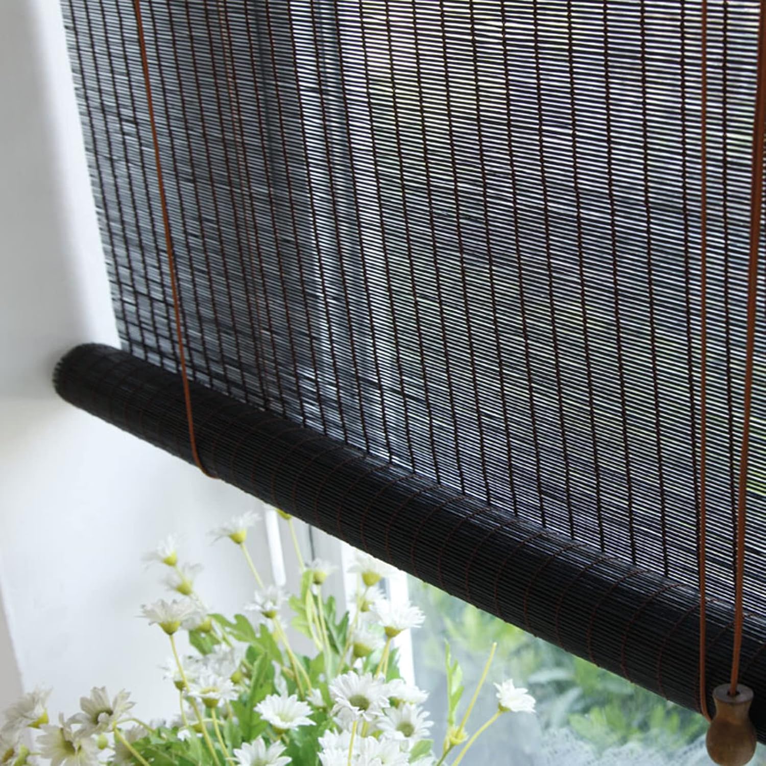 EcoFriendly Bamboo Roll Up Window Blind,Black Bamboo