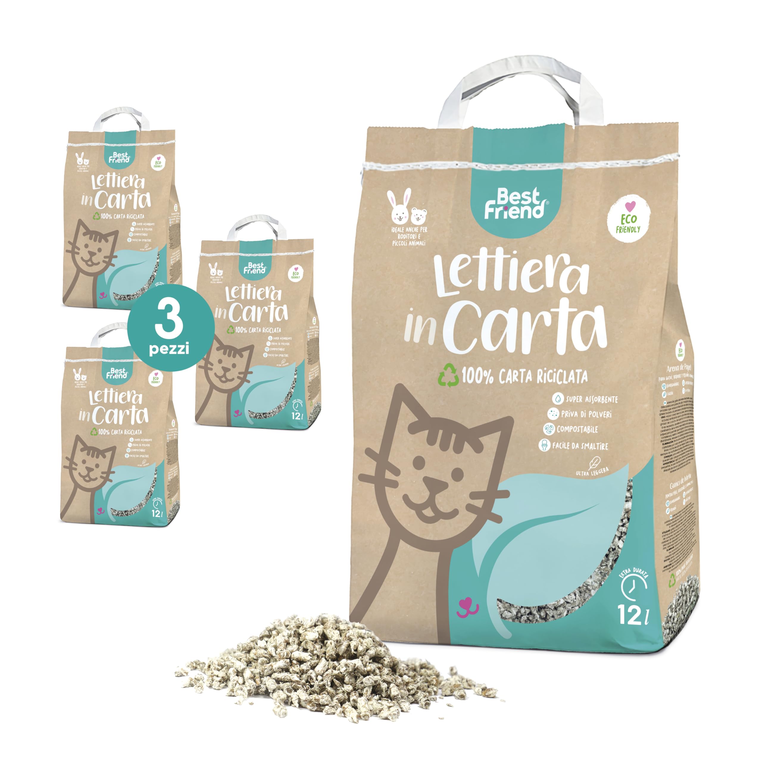 Litière pour chats en papier fini la poussière et les odeurs 3x12L