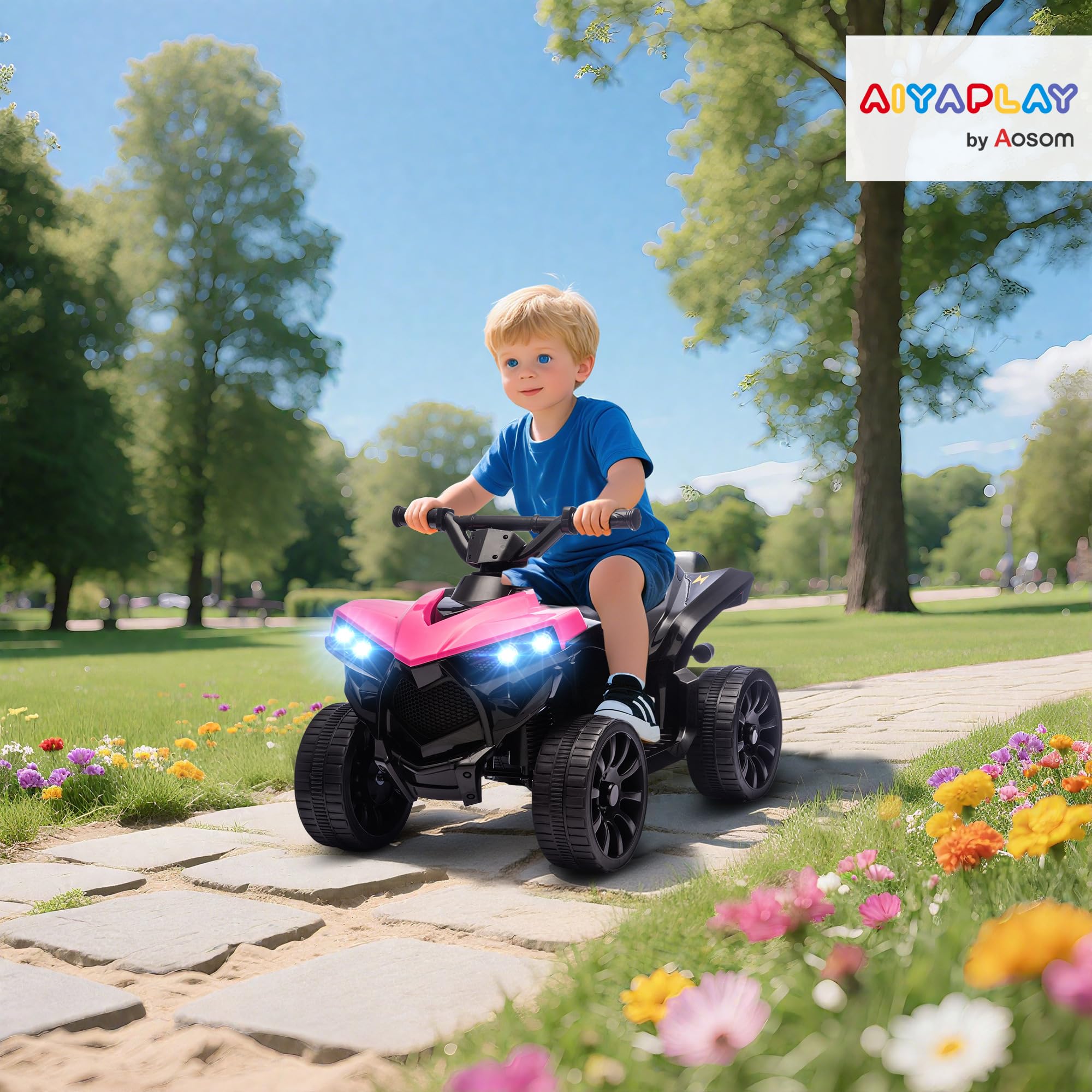 AIYAPLAY Dziecięcy Quad Elektryczny 6V z funkcją jazdy do przodu i wstecz, muzyką, reflektorami LED, elektryczny pojazd dla dzieci 37-72 miesięcy Różowy