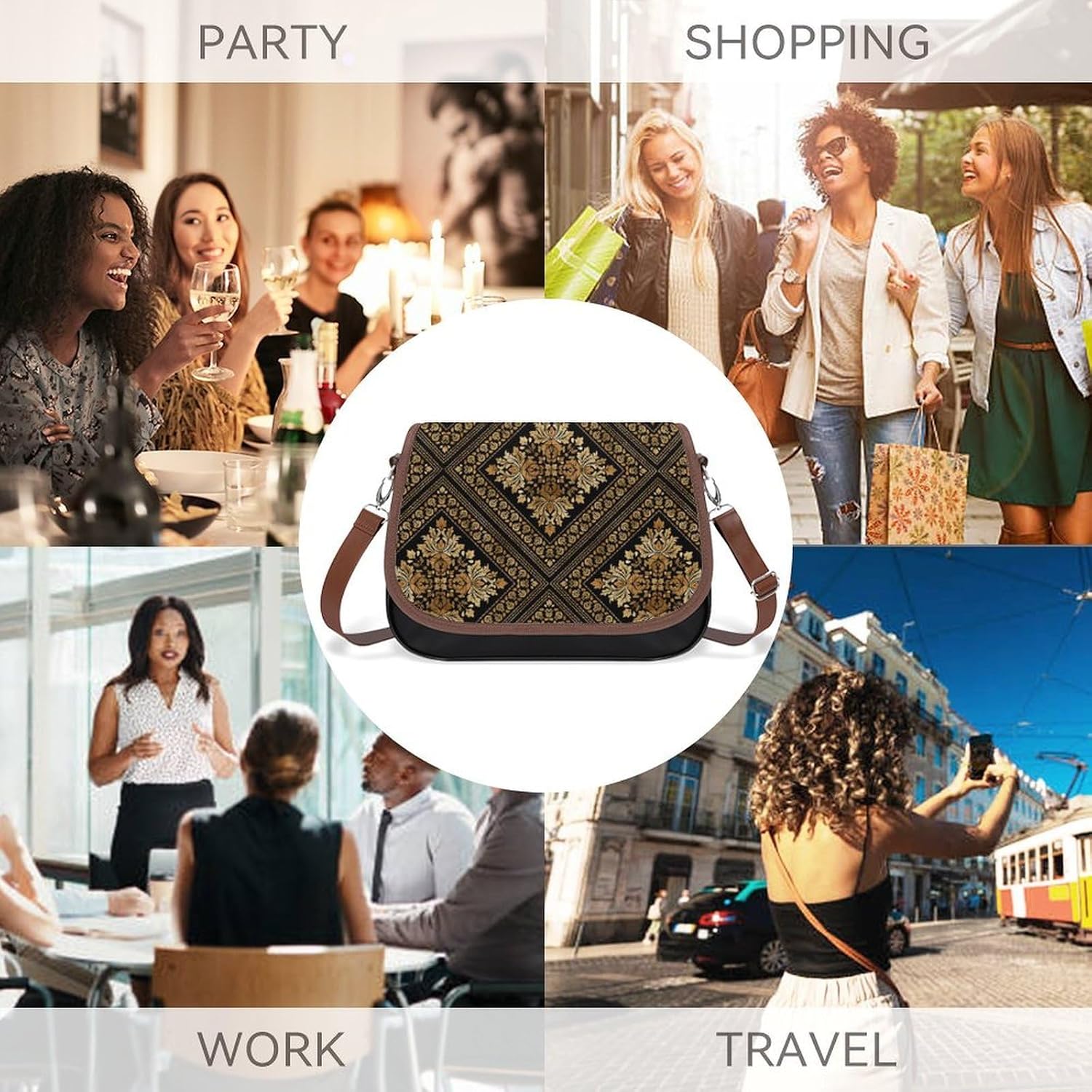 Oriental Vintage Damask Pattern - Black And GoldWomen's Faux Leather Crossbody Bag, Waterproof Wrinkle-Resistant Shoulder Bag with Detachable Strap, Large Capacity Casual Handbag, Fashion Daily Purse