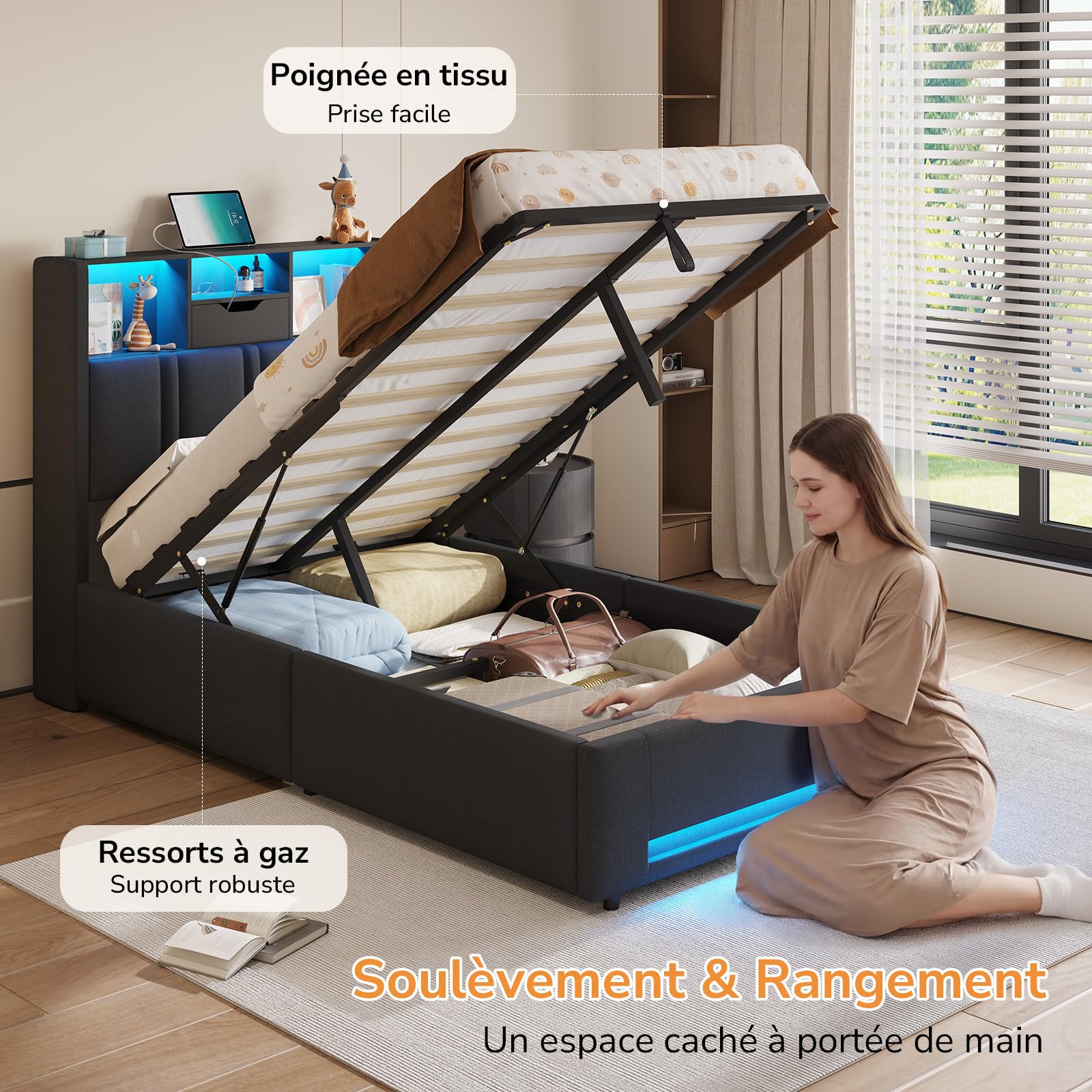 DICTAC Lit Coffre 90x200 Entièrement Rembourré 90x200 Gris avec Rangement – Sommier Relevable à Vérin, Tête de lit LED & Prises USB/Type-C – pour Enfant, Ado, Adulte