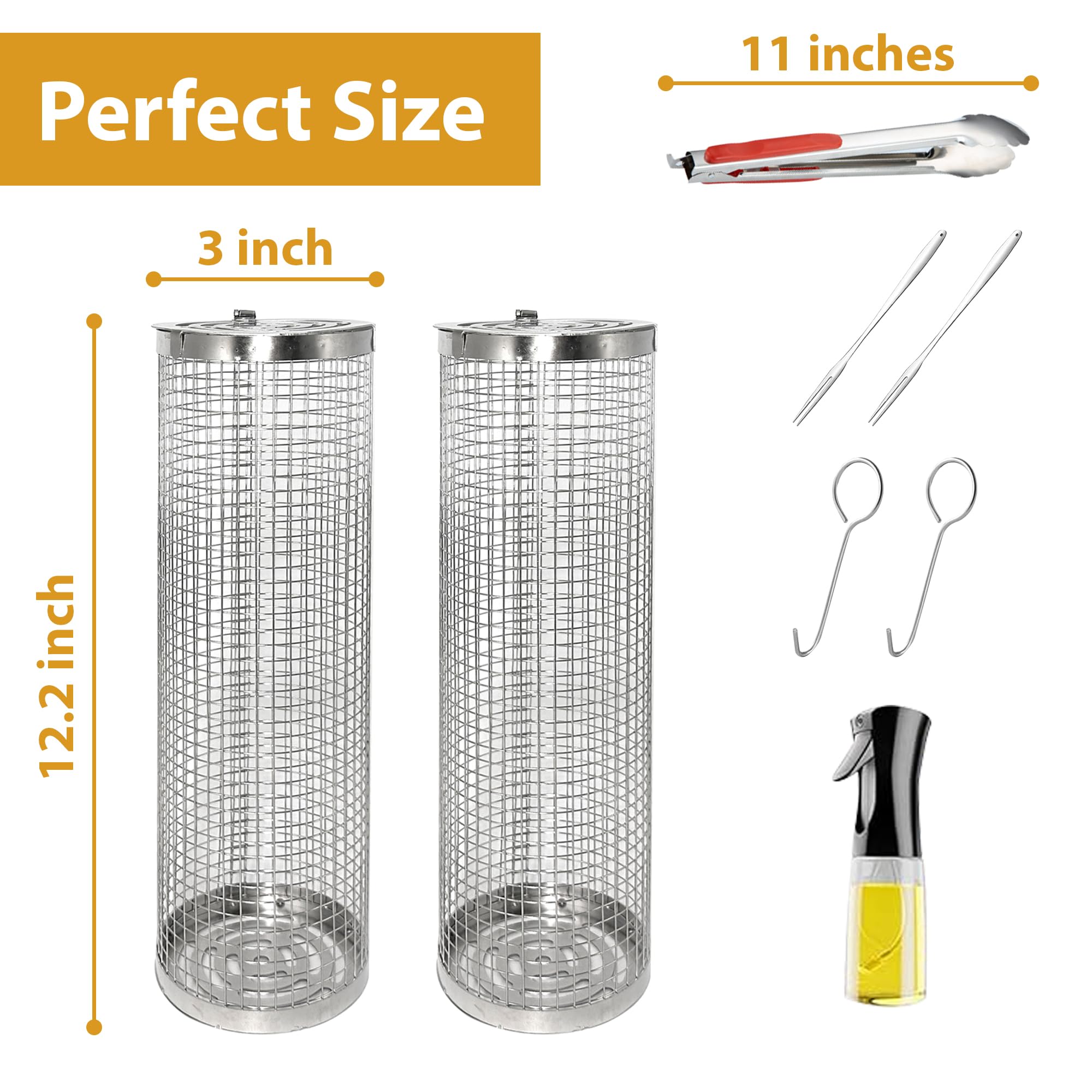 High Quality Heavy Duty Rolling Grill Basket for Outdoor, 2 PCS Cylinder Stainless Steel Round BBQ Grilling Mesh Baskets - Portable Barbecue Net Tube & Grill Accessories for Veggies, Meat, Fish - Ideal Camping Gifts for Men