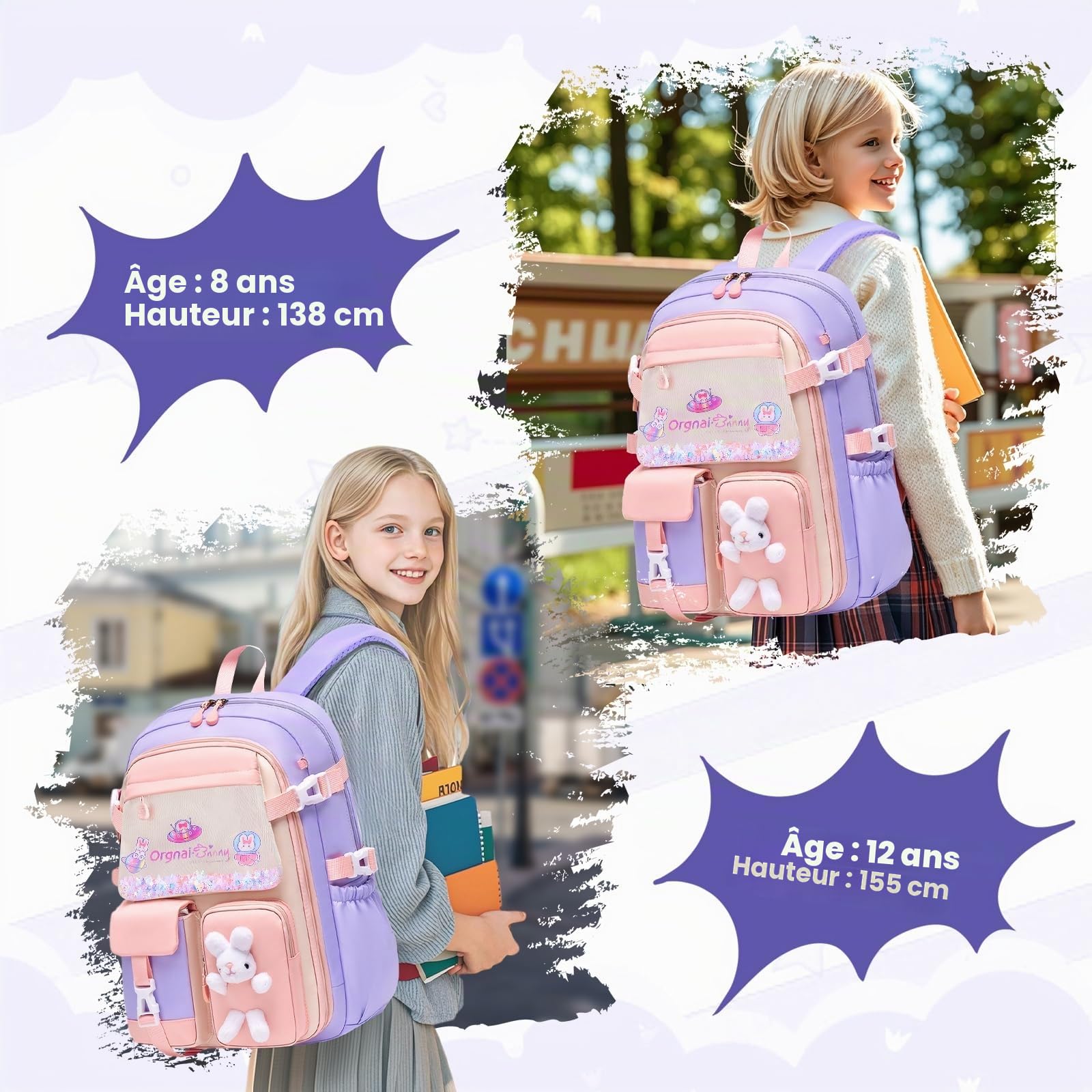Amythe Cartable Filles Primaire CE1-CM2 Léger Sangle de Poitrine Violet