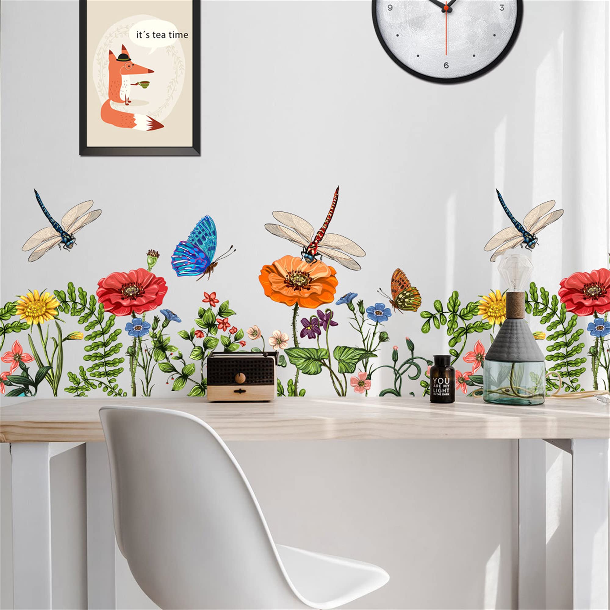 Tropical Leaf Green Leaves Flower Wall Decals Monstera Palm Tree Leaf Plants Wall Stickers Bedroom Living Room TV Wall Door Decor Murals (Tropical Leaf Green Leaves Flower Dragonfly)