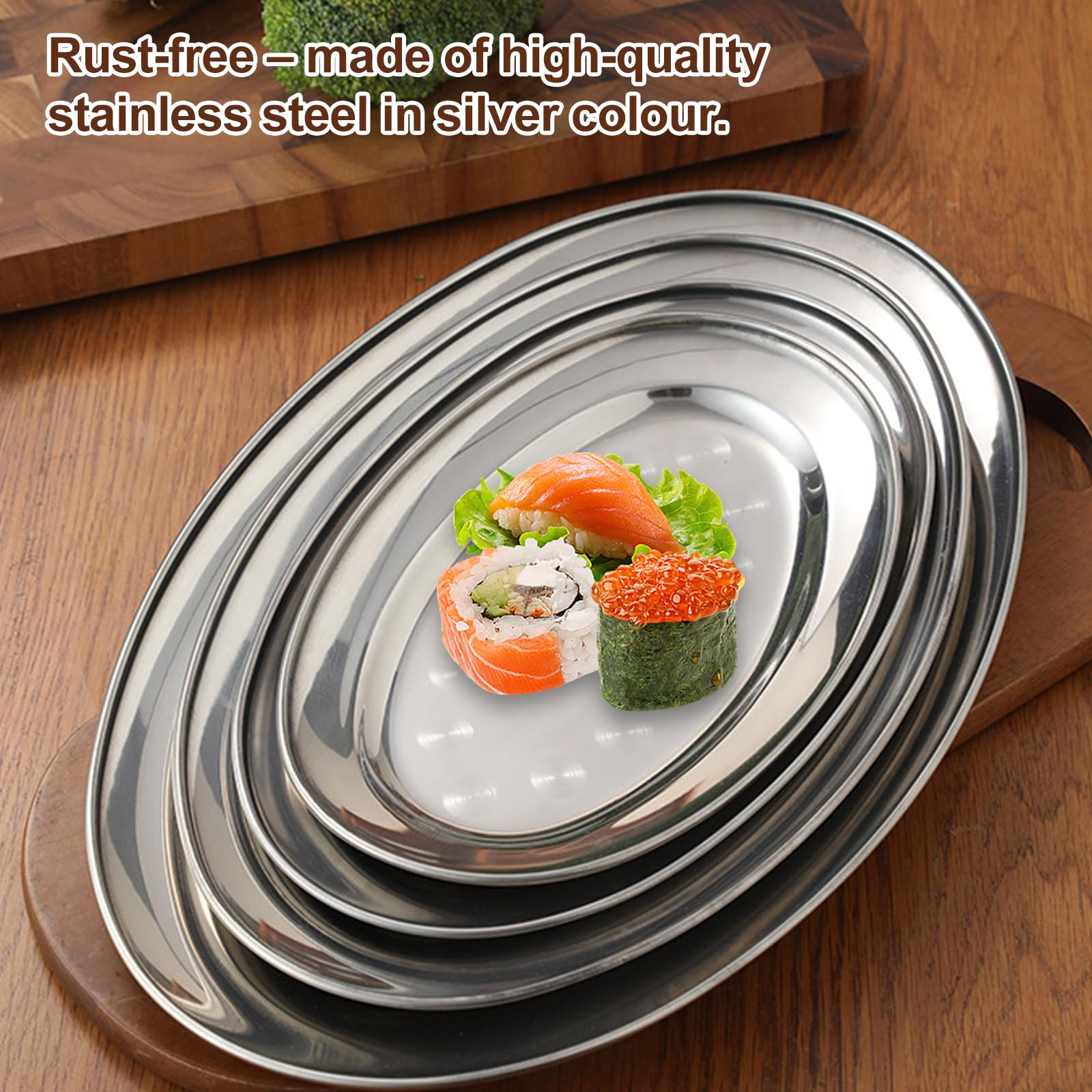 SUNOYA Vassoio Da Portata In Acciaio,4 Pezzi Piatti Rotonde In Acciaio Inox,Vassoio Ovale In Acciaio,Piatti Da Portata Ovali Per Carne,Piatto,Pesce E Buffet(26cm,30cm,35cm,40cm)