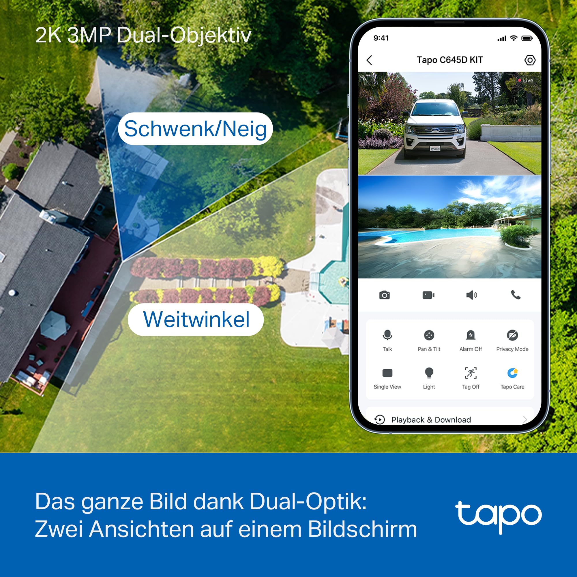Tapo C645D KIT Solar Überwachungskamera Außen mit Akku | 2K Dual-Objektiv | 165° Winkel + 6mm Objektiv | Dual-Band 2,4GHz/5GHz WLAN | KI-Erkennung | 24/7 Aufzeichnung | Lokale MicroSD & Cloud Speicher