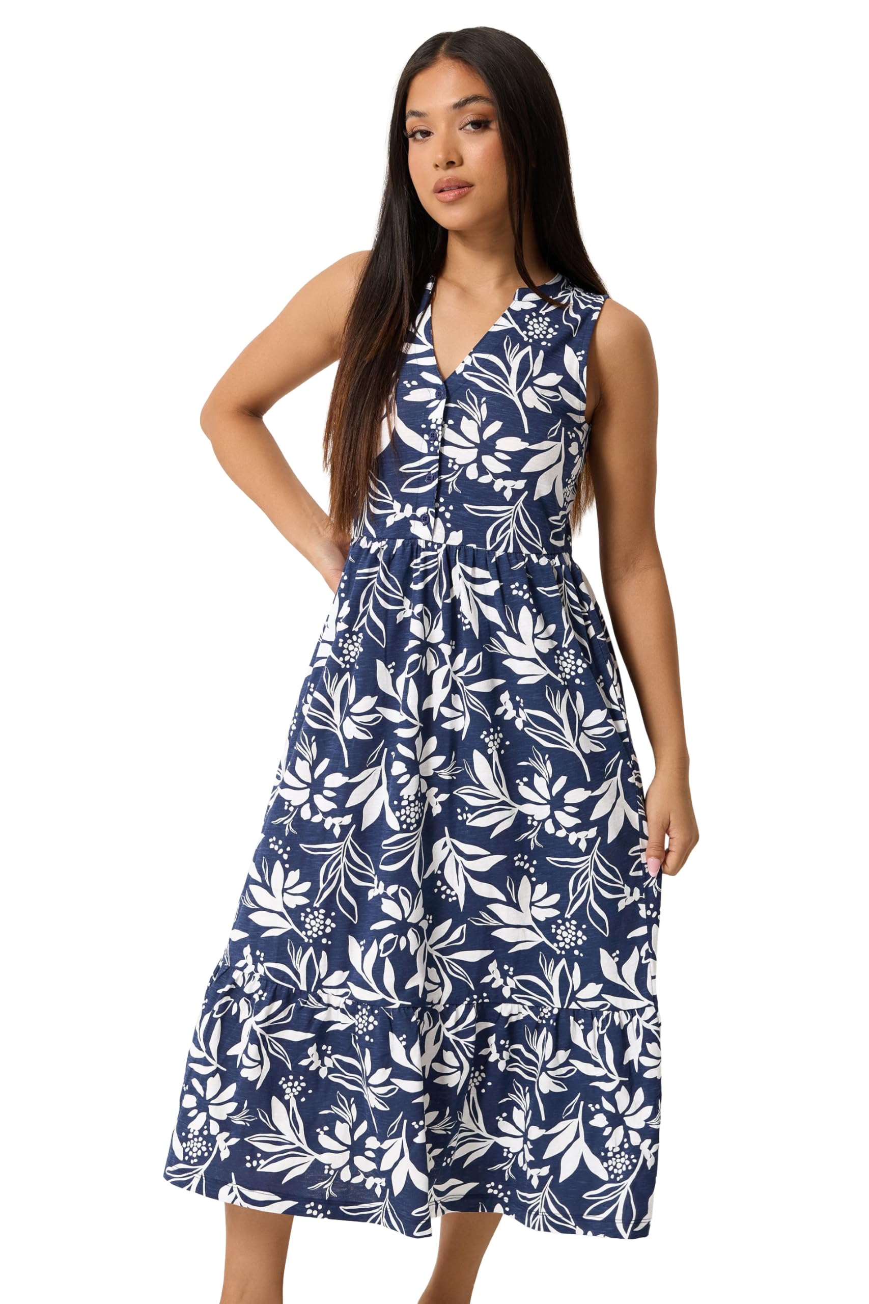 M&Co Petite Blue Leaf Print Sleeveless Cotton Midi Dress - Women's