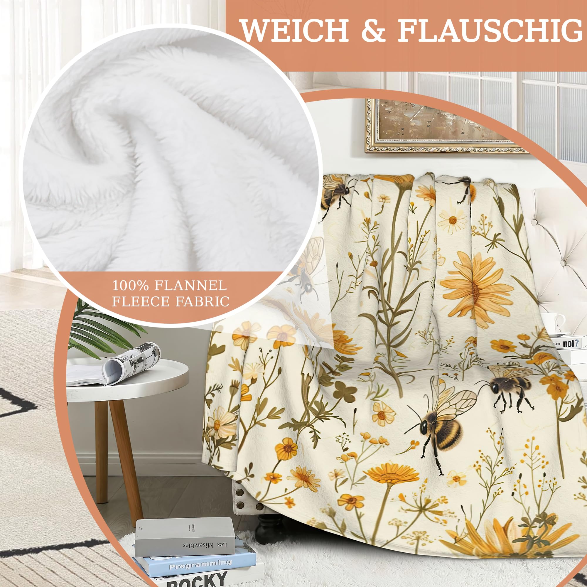 CIAIDU Blanket Yellow Wildflowers Lightweight Soft Throw Blanket for Girls Teens Women Cute Bees Fuzzy Blanket Home Room Decor 50x60 Inches - Image 3