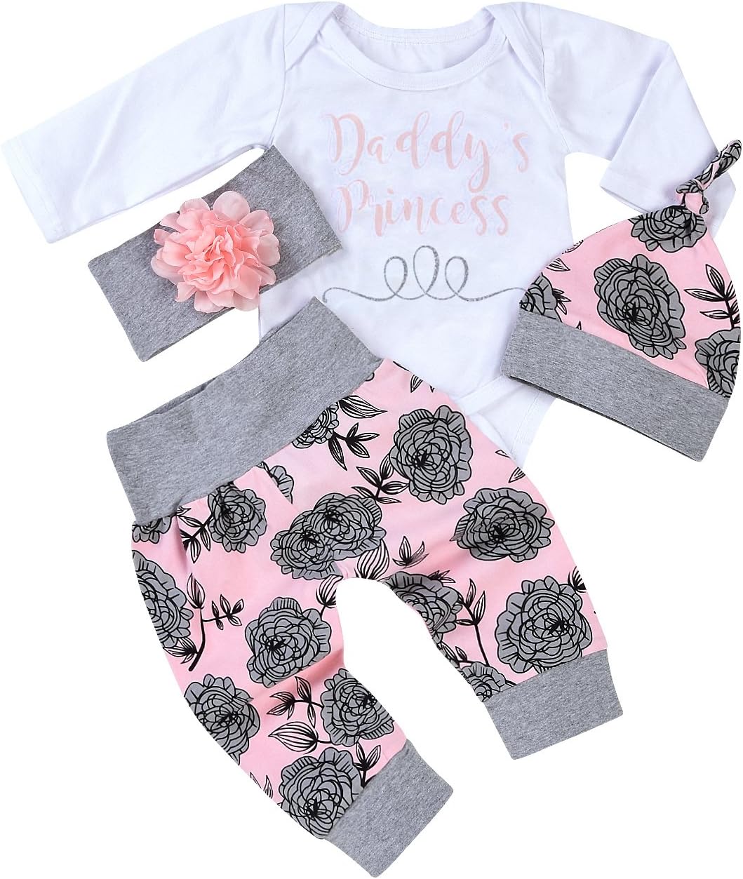 Baby Clothes Set, Cute Newborn Infant Baby Boy Girl Clothes Letter Rompers Flowers Pants 4PCS Clothes Set Coat Pants Baby Tracksuit (White, 12-18months)