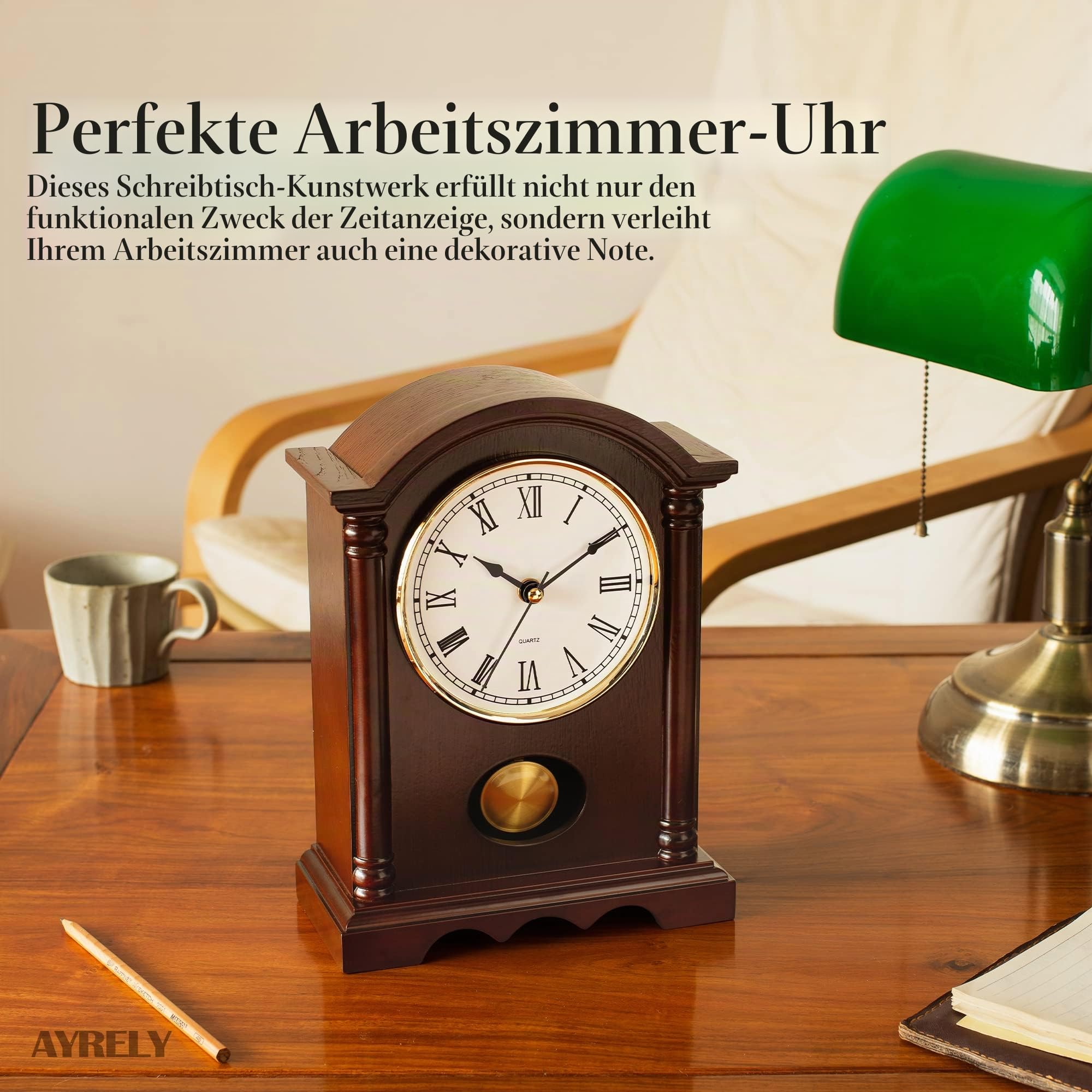 AYRELY Klassische Kaminuhr – Elegante Tischuhr im Holzdesign mit goldfarbenem Pendel, Vintage Standuhr für Wohnzimmer, Schlafzimmer & Landhausstil Deko
