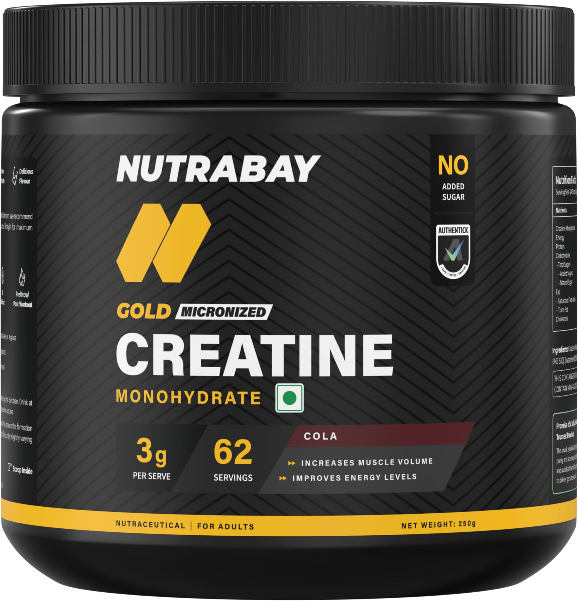 Nutrabay Gold Micronised Creatine Monohydrate Powder 3000mg Creatine per Serving, NABL Lab Tested – Increases Muscle Mass, Strength & Power – Pre/Post Workout Supplement – 250g, Cola