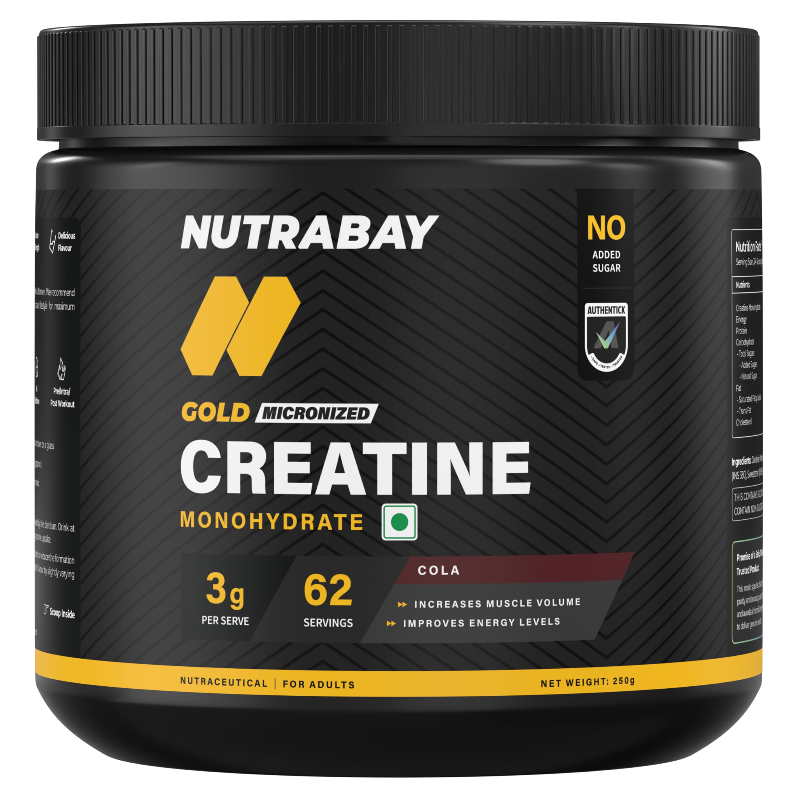 Nutrabay Gold Micronised Creatine Monohydrate Powder 3000mg Creatine per Serving, NABL Lab Tested – Increases Muscle Mass, Strength & Power – Pre/Post Workout Supplement – 250g, Cola