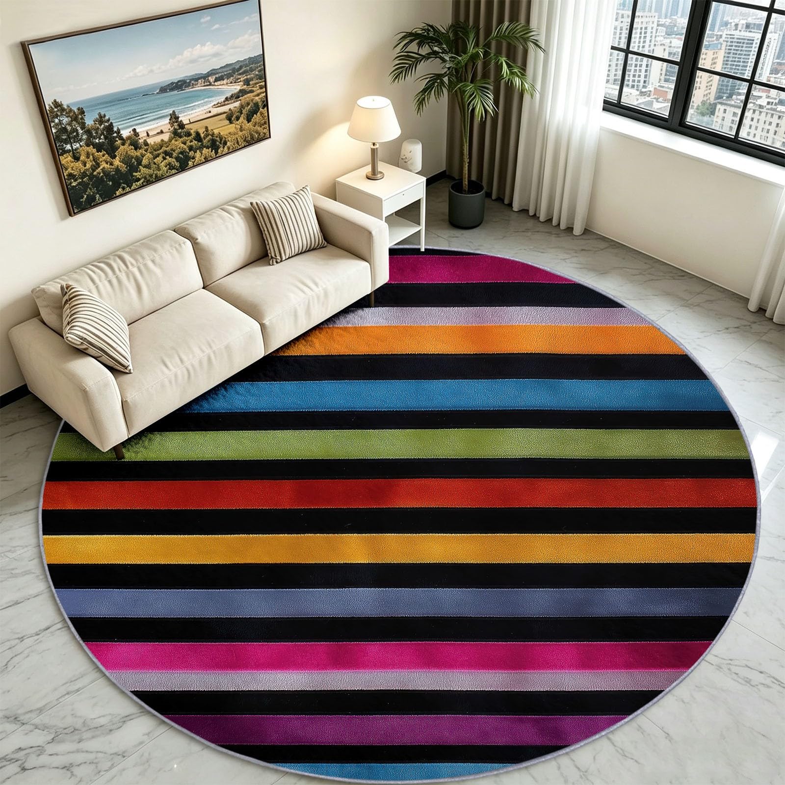 Tapis Chambre Enfant Fille Garçon Rond Ø 160 cm Pop Couleurs Contrastées Tapis de Sol Décoration Antidérapant - Doux Rampant pour Salon Cuisine Table Basse Table de chevet, Rayure Arc‑En‑Ciel