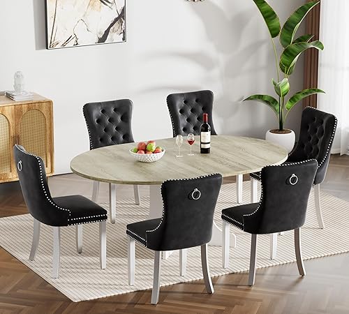 Miniatura 102 de Juego de mesa de comedor de mármol sintético blanco para 6 personas, juego de mesa de comedor extensible de 7 piezas de 63 a 78.74 pulgadas con 6