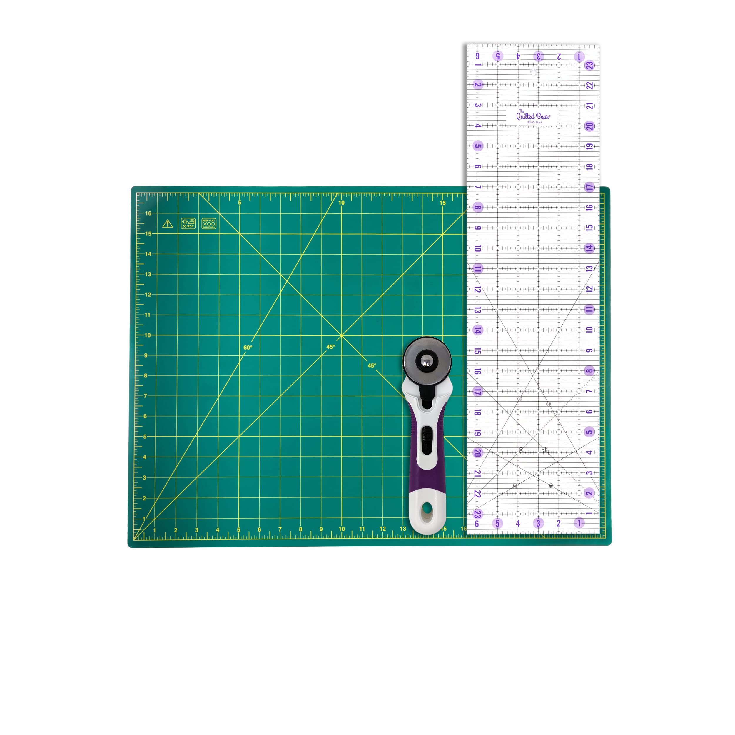 The Quilted Bear18" x 24" Heavy Duty Self Healing 5 Layer Cutting Mat with 6.5" x 24" Non-Slip Ruler & 45mm Ergonomic Soft Grip Rotary Cutter (Green)