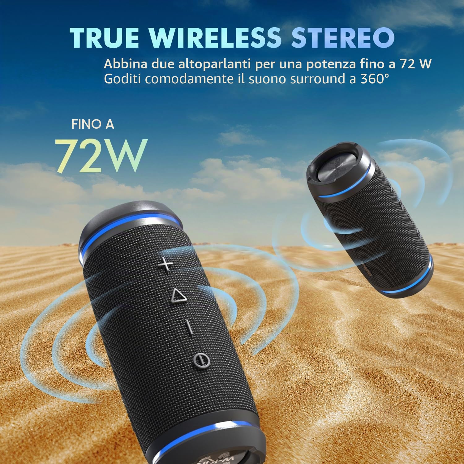 W-KING Cassa Bluetooth Portatile Potente 36W PEAK, Altoparlante Impermeabile IPX6, 360° HI-FI Bassi Potenti, Bluetooth 5.4, Chiamata in Vivavoce, Vero Stereo Senza Fili, AUX, Tipo-C