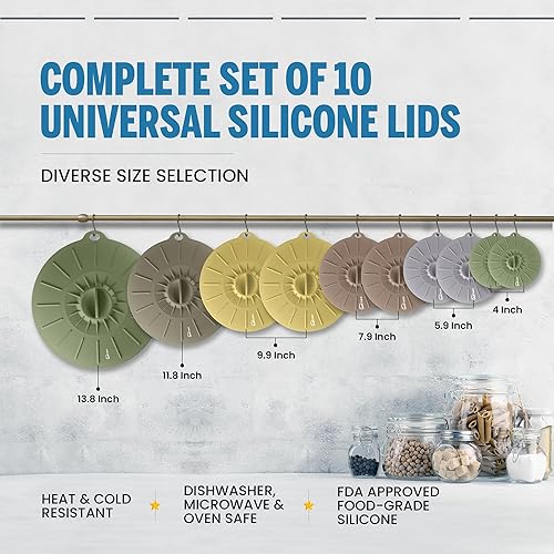 Miniatura 2 de Tapas de silicona para almacenamiento de alimentos, paquete de 10, 6 tamaños, de grado alimenticio, reutilizables, de silicona para ollas y