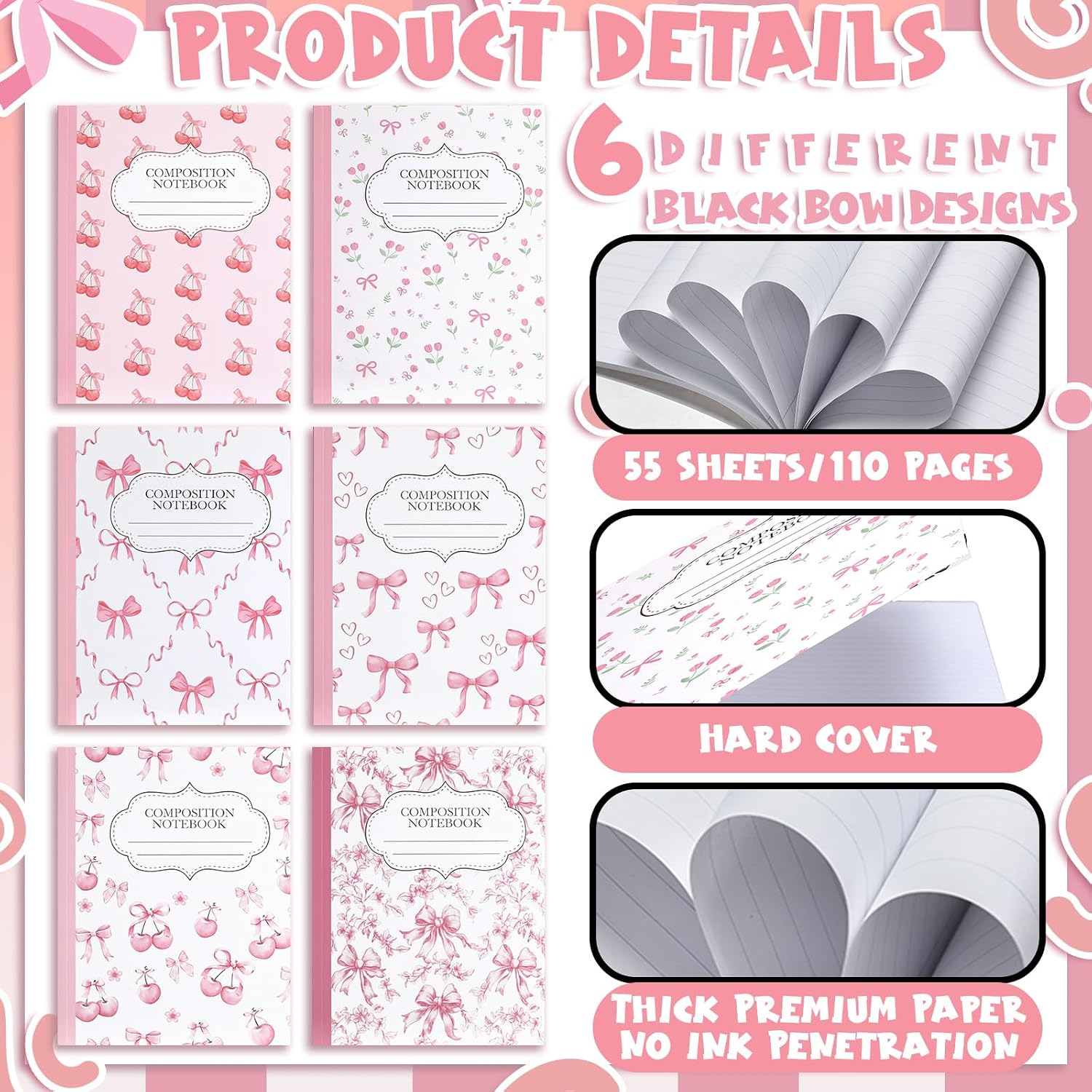 Fullhawl 6 Pcs Pink Bow Composition Notebooks, College Ruled Preppy Coquette Aesthetic Notebook Journal, 110 Page 9-3/4 x 7-1/2" Cute Cherry Back to School Gift for Teacher Student First Day of School
