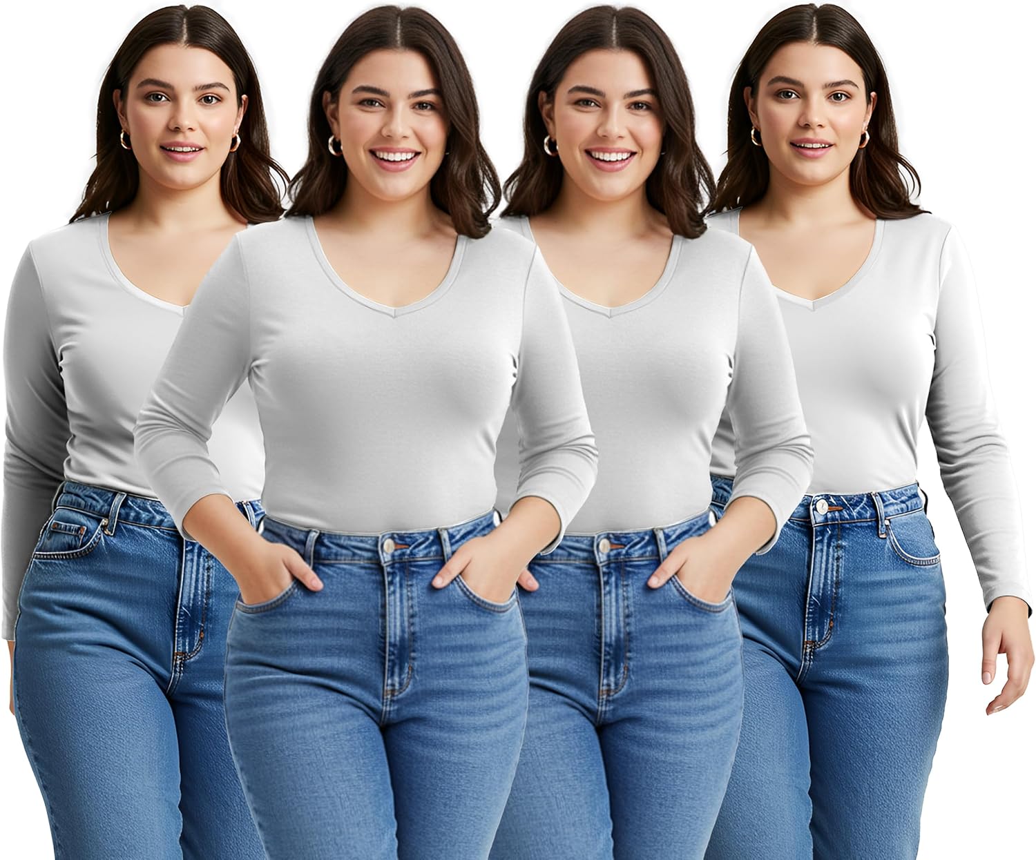 Emmalise Women's Junior and Plus Size Vneck Tshirt Long Sleeves Shirt Tee