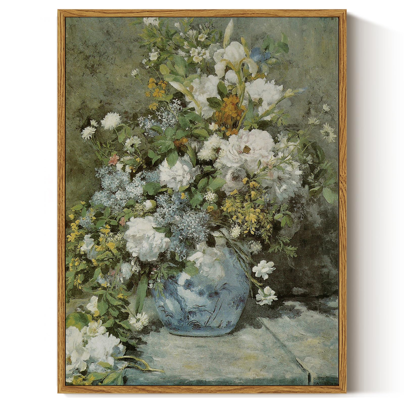 ARPEOTCY Framed Canvas Print Wall Art Decor, French Vintage Flower Spring Botanical Wall Art Home Decor, Ceramic Vase Floral Oil Painting for Living Room, Office Shelf Decoration, 12x16 inch