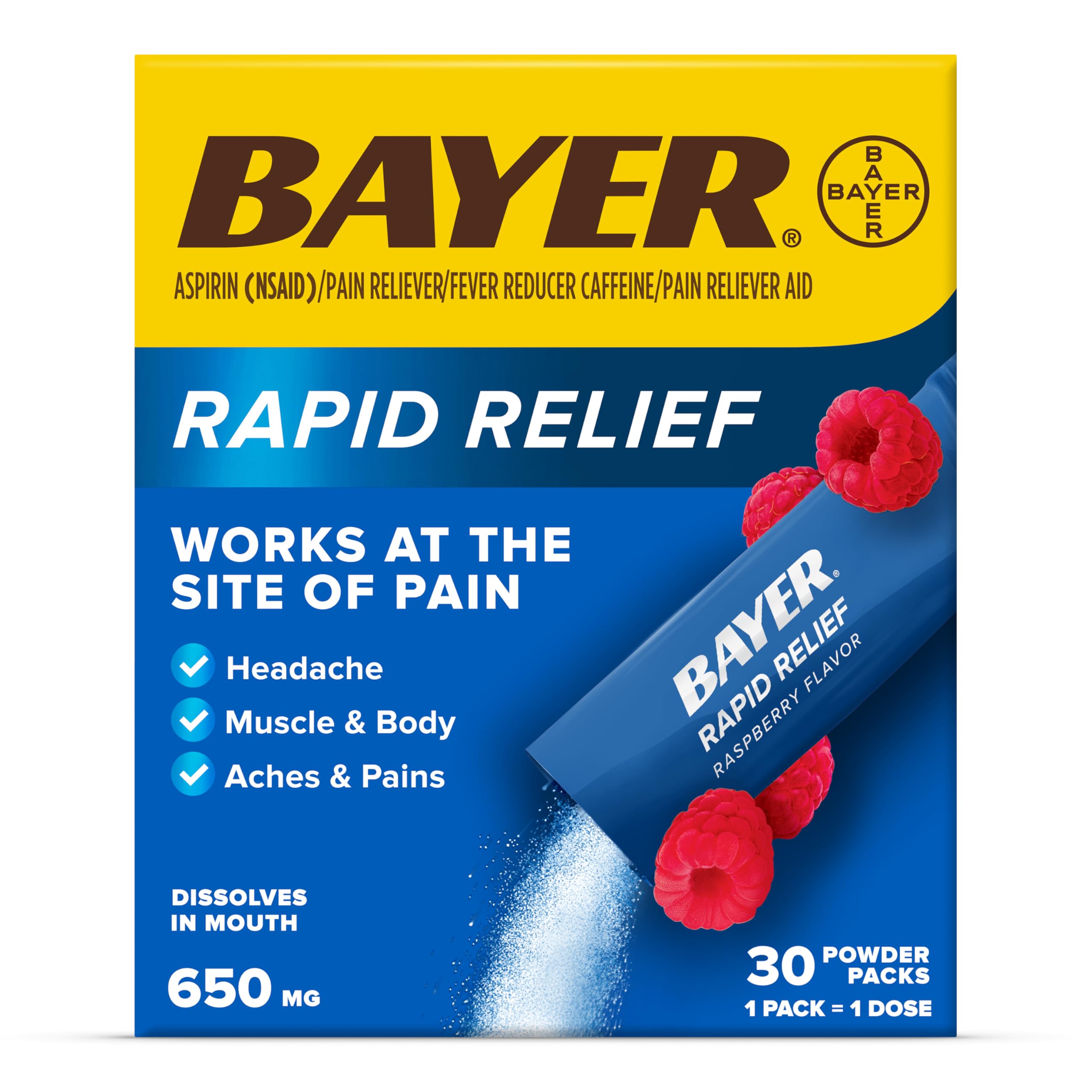 Rapid Relief, Dissolvable Raspberry Flavor, Powder Packs with Aspirin & Caffeine, Fast Acting Headache Relief, Muscle and Body Pain Reliever, 30ct