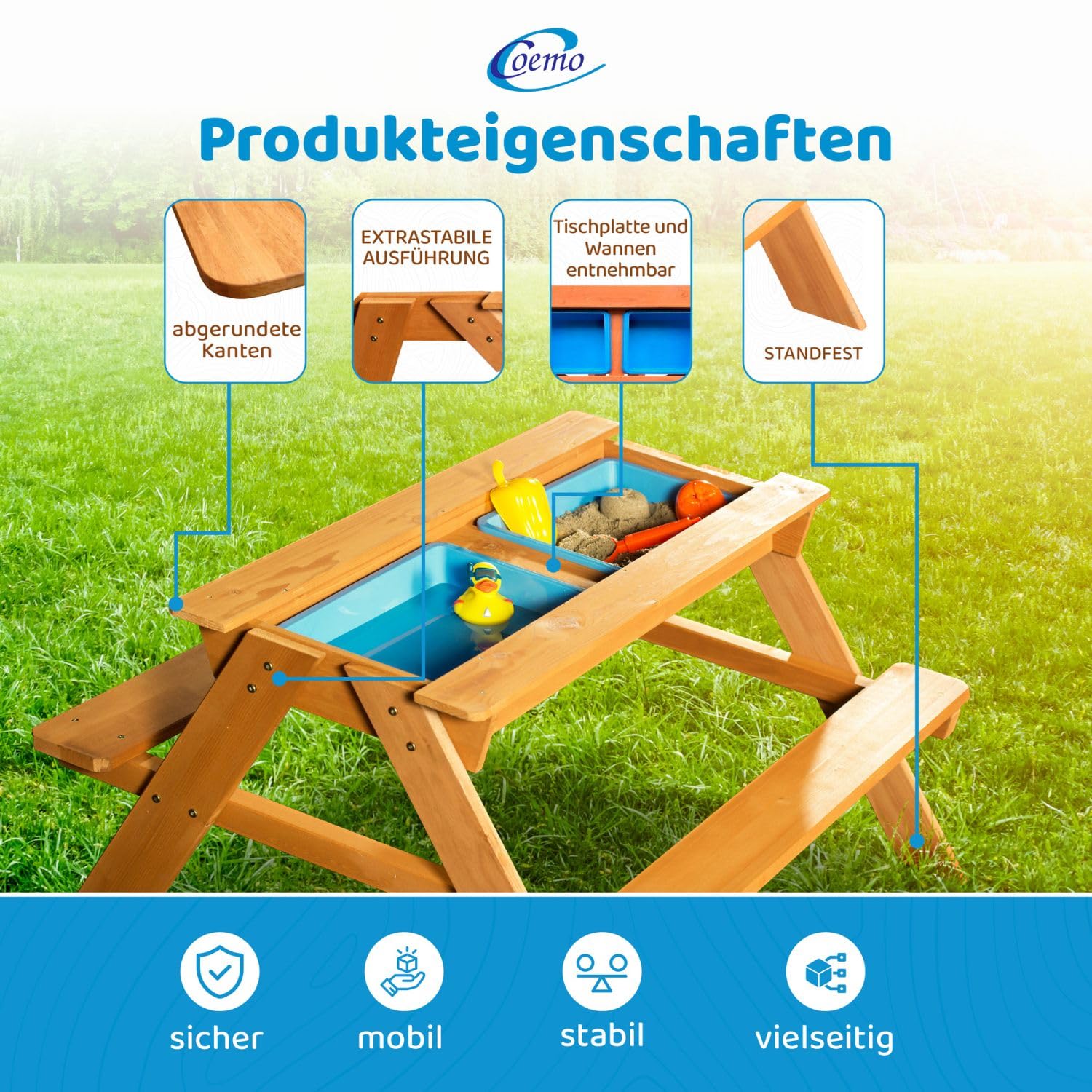 Coemo 2 in 1 Kindersitzgruppe aus Massivholz, Matschküche | Sand- und Wasserspieltisch für 4, Kinder-Picknicktisch mit 2 Bänken, abnehmbare Wannen, für drinnen & draußen