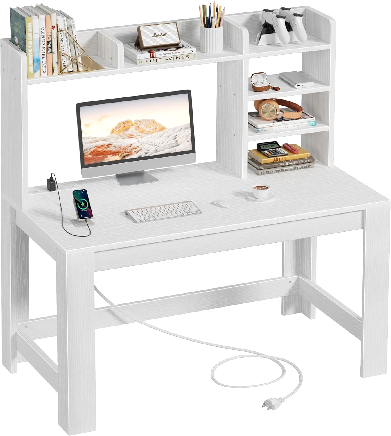 WINAZ White Desk with Hutch and Power Outlet 43 Inch