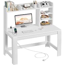 WINAZ White Desk with Hutch and Power Outlet - 43 Inch Small Space Study Writing Wooden Table with Storage Shelves, Modern Home Office Workstation Desks for Bedroom, Easy Assembly