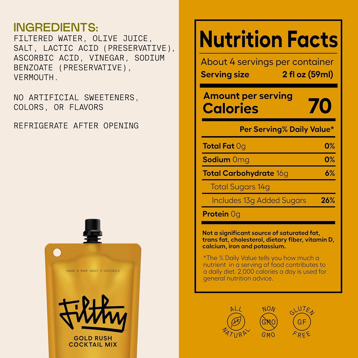 Filthy Gold Rush All Natural Cocktail Mixer - Made With Fresh Lemon Juice & American Honey - Balanced Sweet & Sour Cocktail Mix for Whiskey, Gin and Non-Alcoholic Mocktails - 8 oz Pouch, 6 Pack