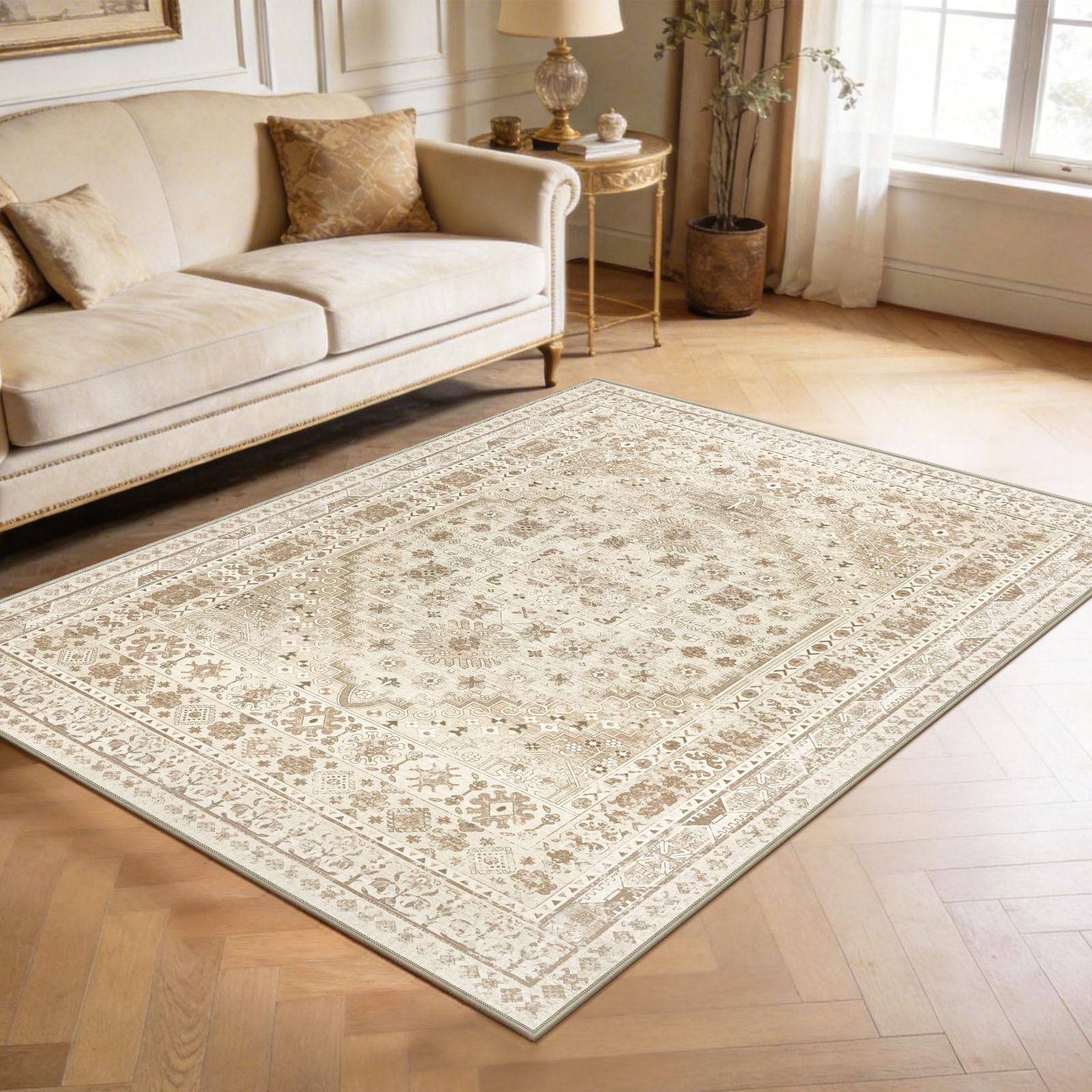 Capslpad Washable Rugs Living Room 120x180cm Distressed Vintage Area Rugs Non-Slip Traditional Oriental Bedroom Carpet Low Pile Thin Floor Mat Rug for Dining Room Kitchen Office Decor, Beige — image 1