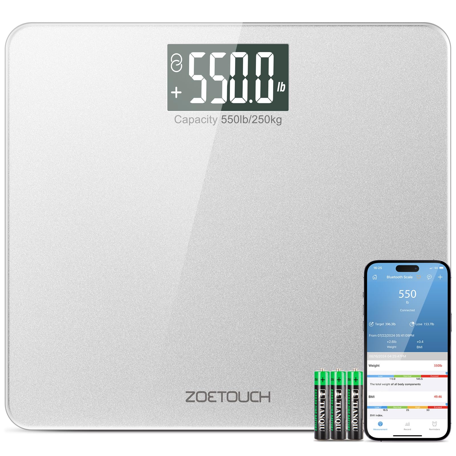 550lb Digital Bathroom Scale for Body Weight and BMI, ZOETOUCH Bluetooth Weighing Machine with Smart APP, Extra High Capacity Scales with Large LCD Display and Wide Platform