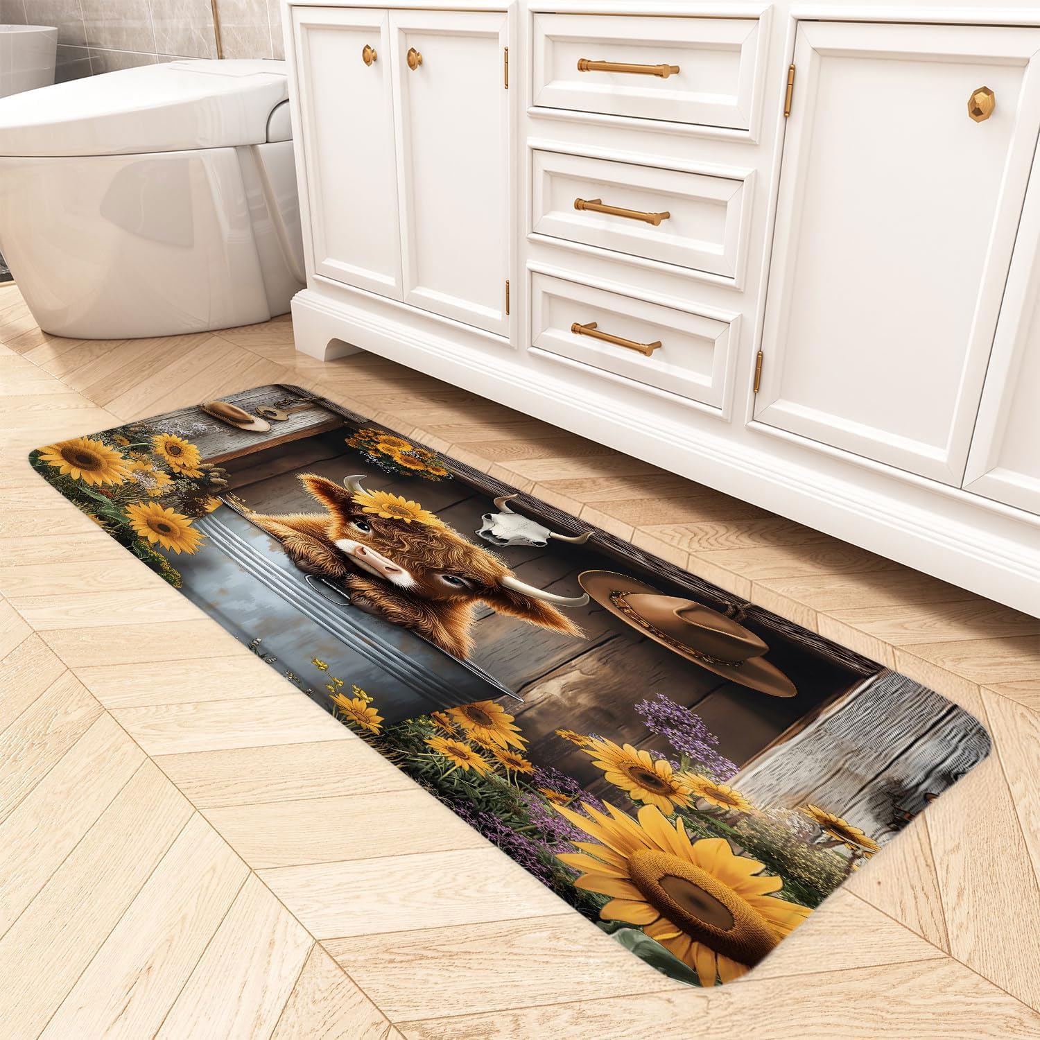 Cute Highland Cow Bath Mat Western Farmhouse Animal Cattle Calf Rustic Sunflower Floral Vintage Microfiber Memory Foam Bathroom Rug Doormat Kitchen Toilet Floor Rug,24x59 Inch