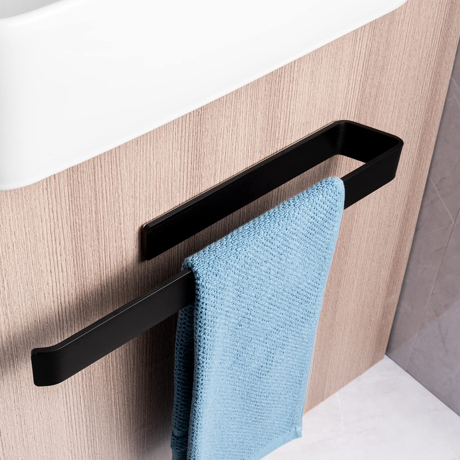 JS Towel Rail Self Adhesive Hand Towel Holder Black, No Drill Towel Rack for Bathroom Kitchen Shower Storage Organiser
