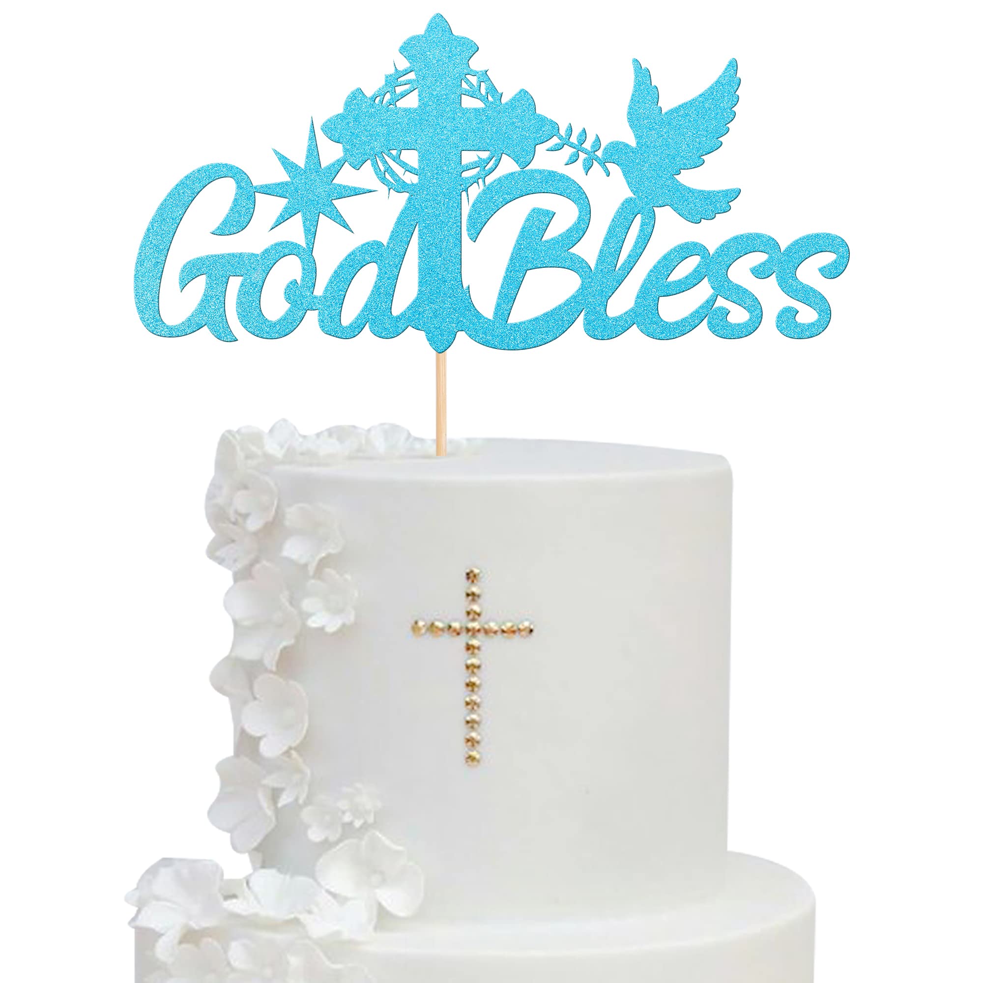 Xsstarmi 1 Pack God Bless Cake Topper Glitter Dove Cross Baptism First Communion Cake Picks for Christening Religious God Bless This Child Baby Shower Kids Birthday Party Cake Decorations Blue