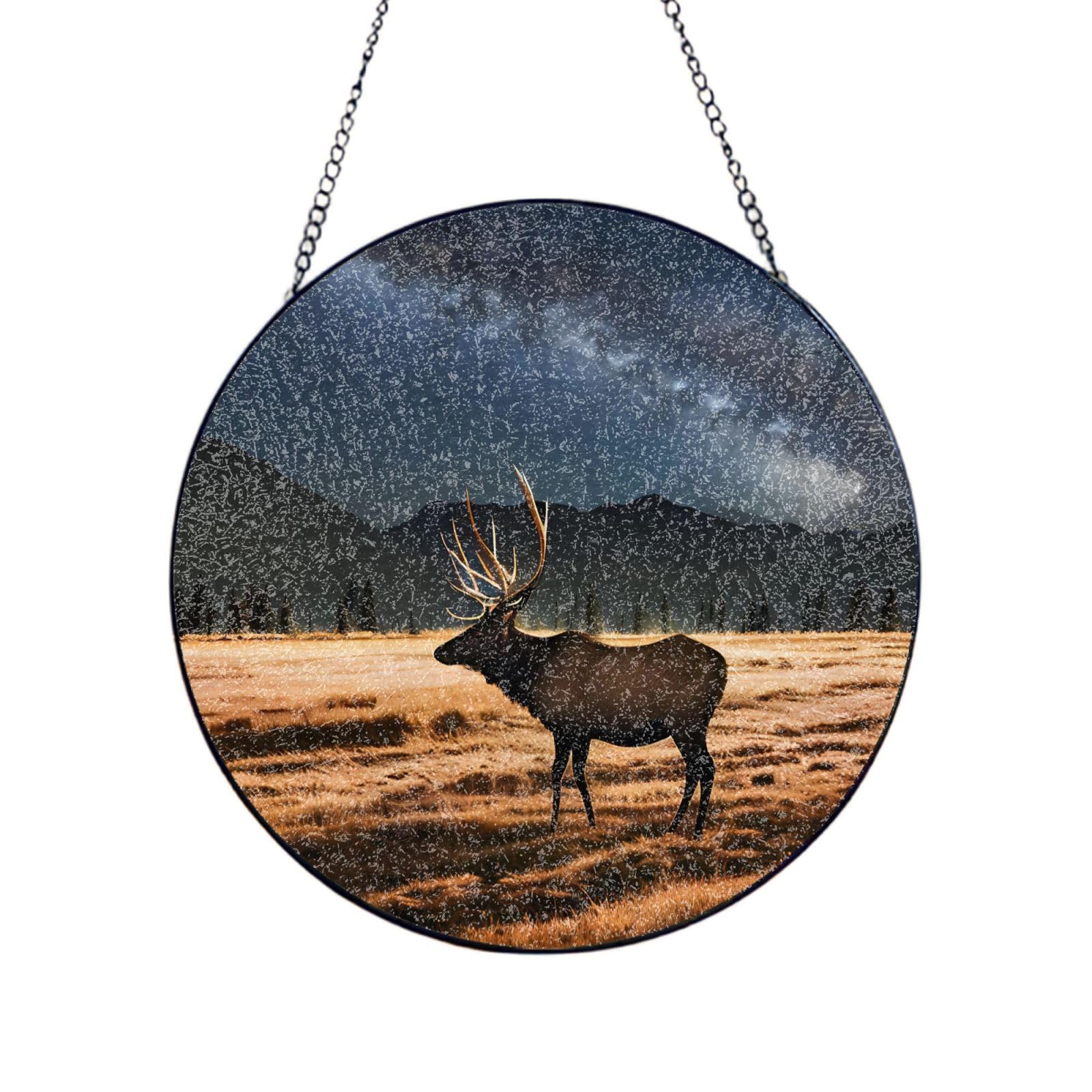 Phayah Elk In The Meadow Print Glass Window Hanging Sun Catchers Suncatcher Decor For Birthday For Home Garden Porch 10in（25cm）