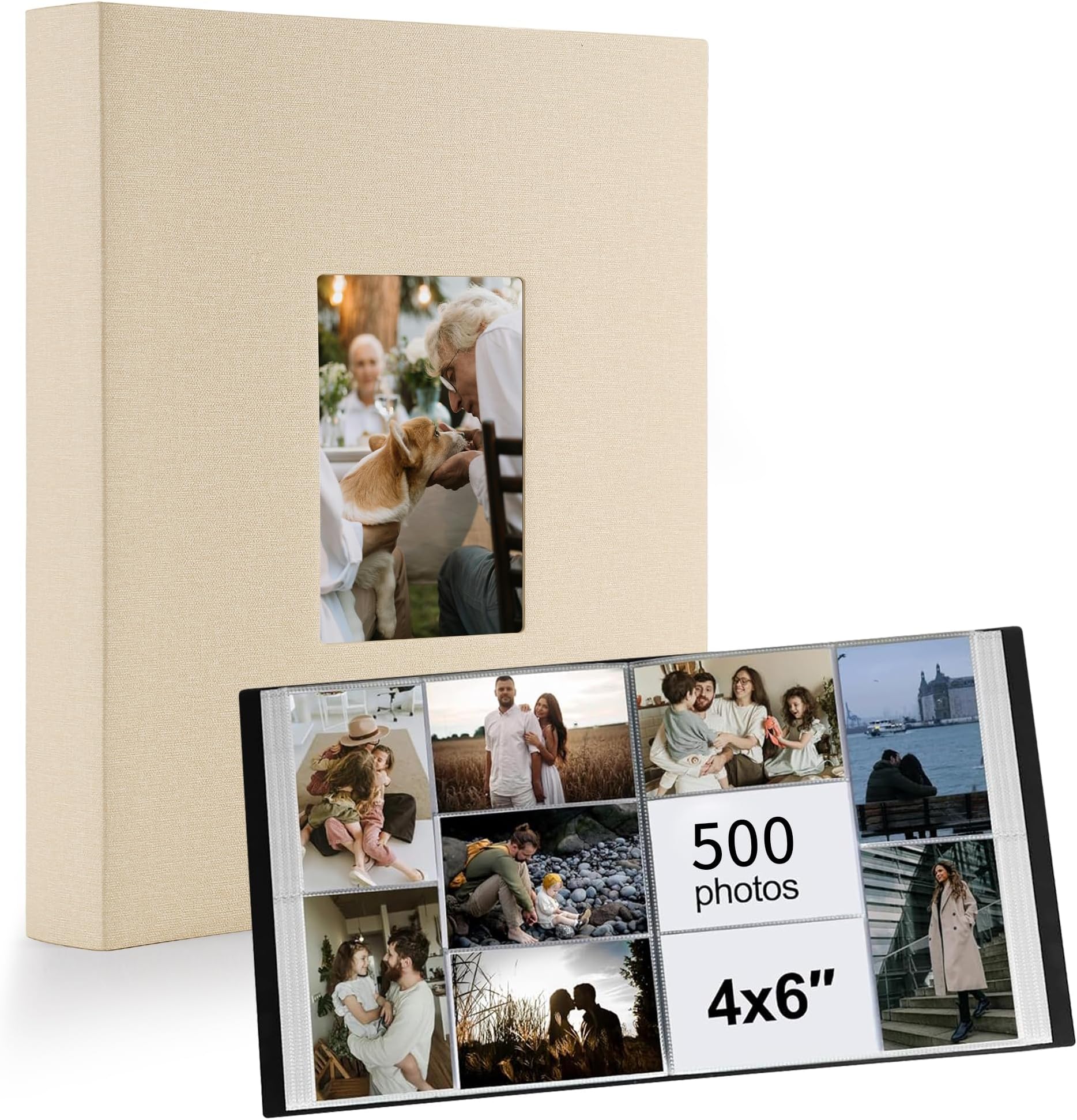 Photo Album 4x6 500 Pockets 1pc, Large Capacity Photo Book Album with Front Window, Picture Album for Family Wedding Anniversary Baby Travel, Beige