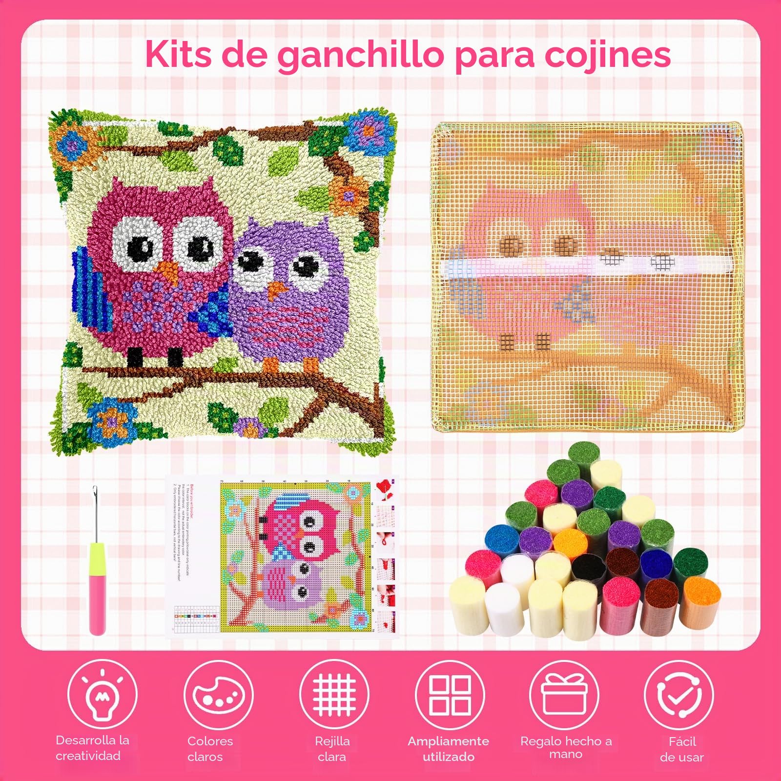Kit de ganchos para almohadas Latch Hook Set de almohadas para niños o principiantes adultos DIY Latch Hook forro para almohada kit de bordado DIY alfombra anudada paquete para decoración de sofá en