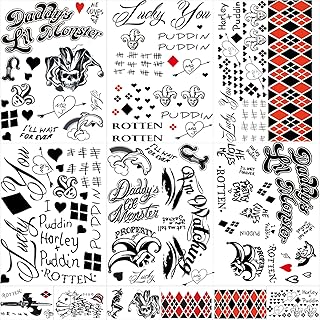 JEEFONNA 12 Sheets Joker Tattoos for Suicide Squad, Harley Quinn Tattoos Perfect for Halloween, Costumes, Party Harley Quinn Accessories and Cosplay
