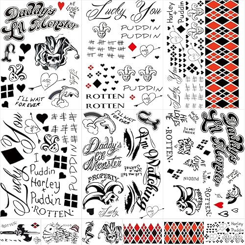12 hojas de tatuajes de Joker para escuadrón suicida, tatuajes de Harley Quinn perfectos para Halloween, disfraces, fiesta, accesorios de Harley