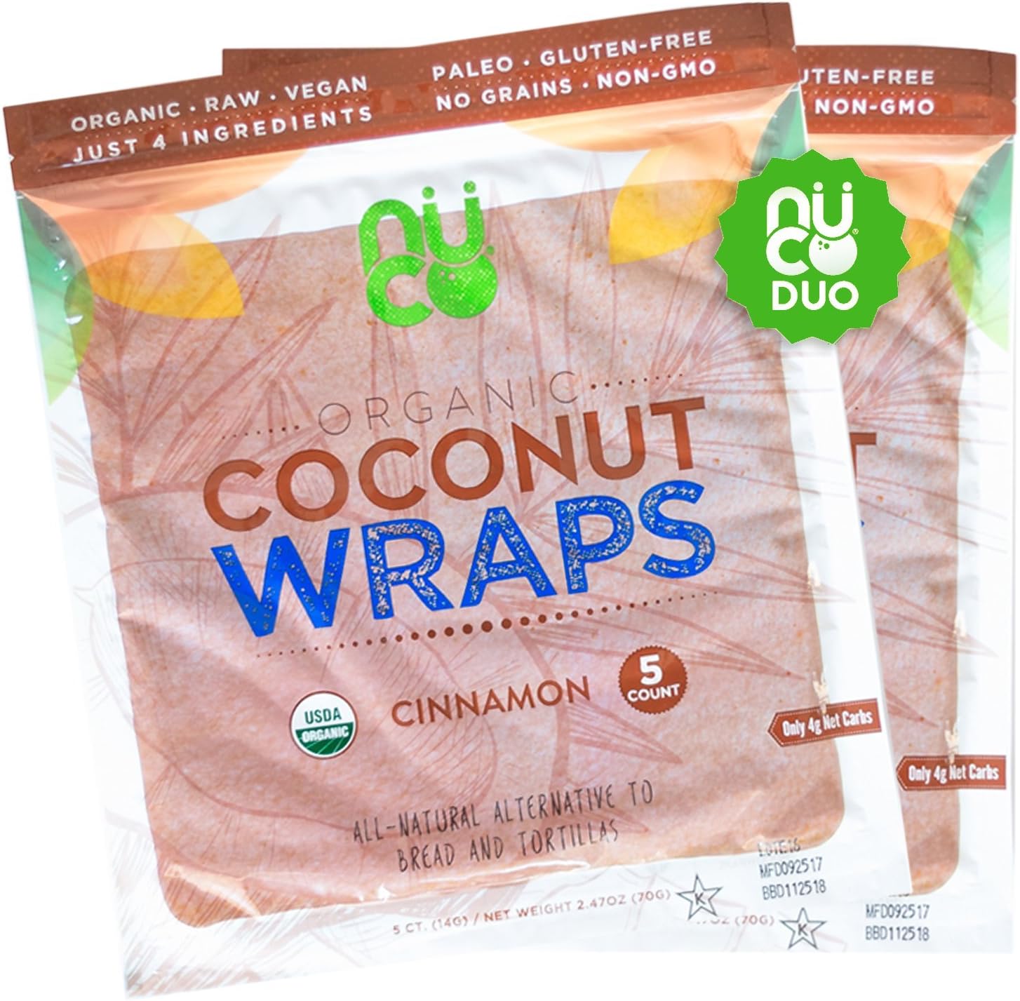 All-Natural, Certified Organic, Paleo, Gluten Free, Vegan Non-GMO, Kosher Raw Veggie Coconut Wraps Cinnamon Flavor. NO Salt Added Low Carb and Yeast Free 10 Count (Two Packs of Five Wraps Each)